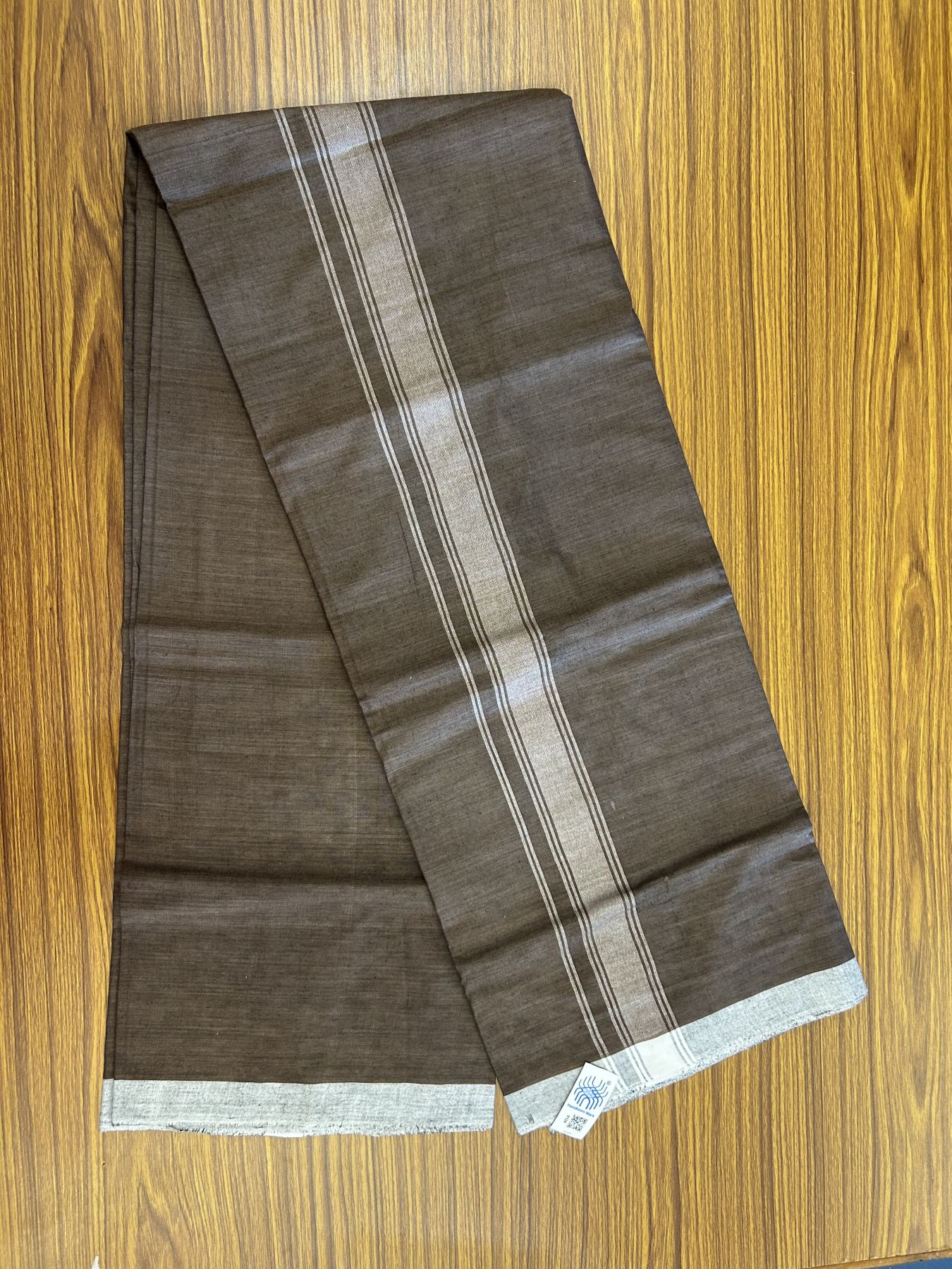 Kerala Handloom - Signature Kaitharikada - Government Sealed Hallmarked - 100% Pure Cotton 2/60x40s Thread - Single Mundu / Dhoti - 1.5 inch White Shaded Striped Kara with Dark Brown colour Body - 12 KK8046 KAL
