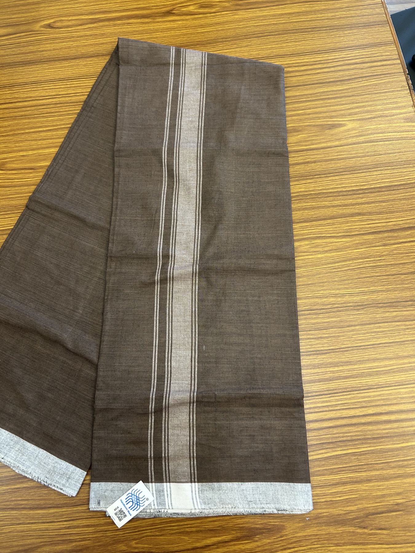 Kerala Handloom - Signature Kaitharikada - Government Sealed Hallmarked - 100% Pure Cotton 2/60x40s Thread - Single Mundu / Dhoti - 1.5 inch White Shaded Striped Kara with Dark Brown colour Body - 12 KK8046 KAL