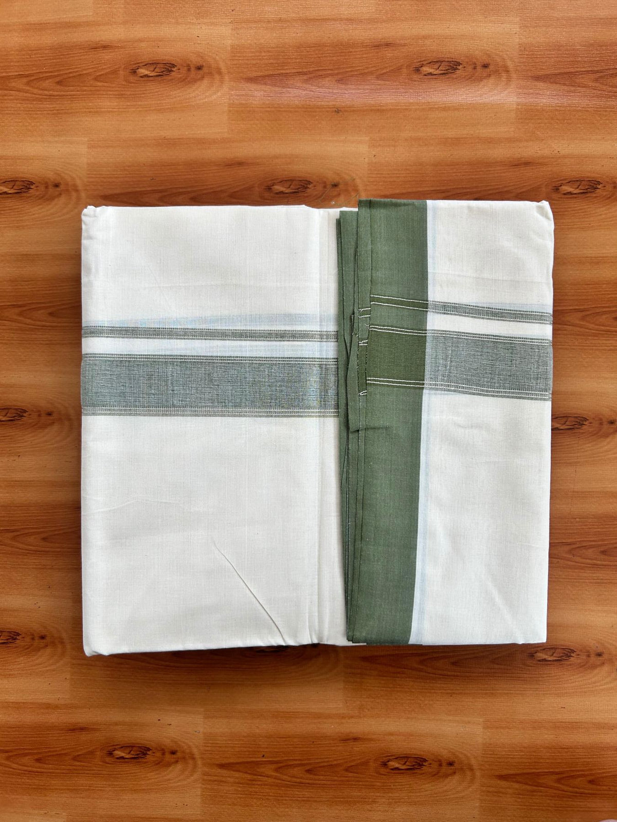 Double Off White (Unbleached) Mundu/Dhoti - 20% Discount! Kaitharikada Pure Cotton - 80x80 - 1.25 Inch Olive Green & Silver shaded Kara 4 mtr (8.5 muzham) - 14 KK5497 MRH