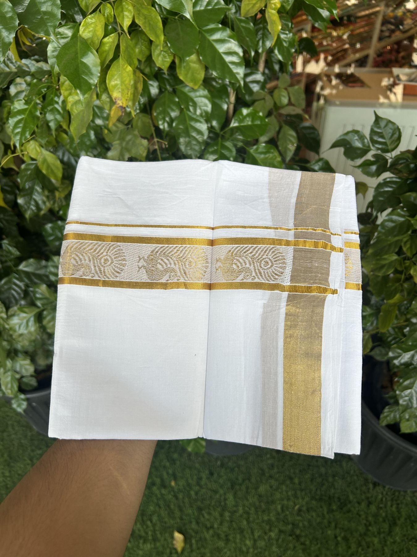 20% Discount!! Kaitharikada Balaramapuram 100% Pure Cotton Pure White Double Mundu/Dothi - 100x80 - 1.75 inch Gold Kasav Peacock Jacquard Design Kara - 3.90 m (8 muzham) - 50 KK5356 VAS