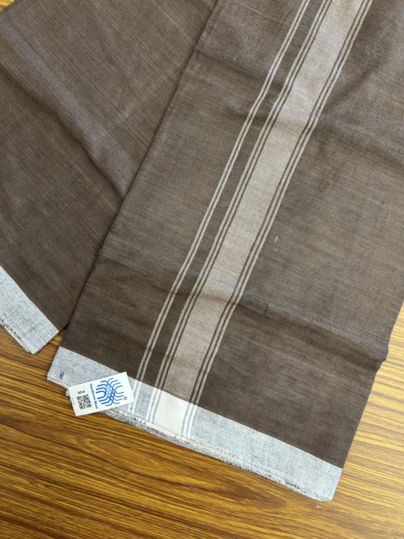 Kerala Handloom - Signature Kaitharikada - Government Sealed Hallmarked - 100% Pure Cotton 2/60x40s Thread - Single Mundu / Dhoti - 1.5 inch White Shaded Striped Kara with Dark Brown colour Body - 12 KK8046 KAL