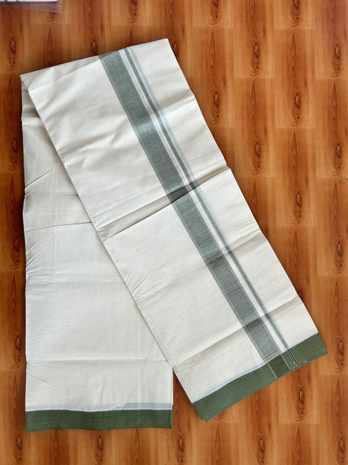 Double Off White (Unbleached) Mundu/Dhoti - 20% Discount! Kaitharikada Pure Cotton - 80x80 - 1.25 Inch Olive Green & Silver shaded Kara 4 mtr (8.5 muzham) - 14 KK5497 MRH