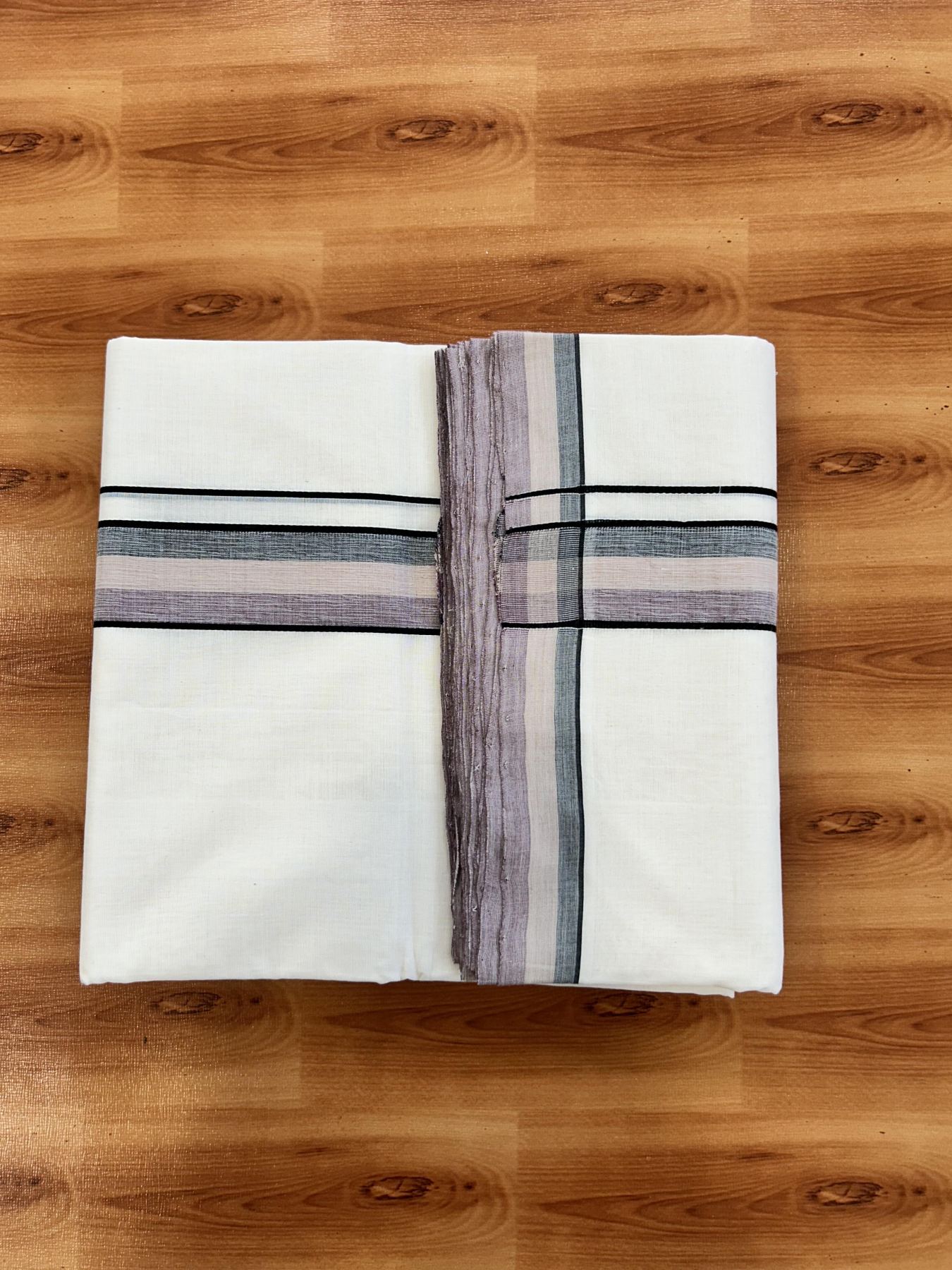 Double Off White (Unbleached) Mundu/Dhoti - 25% Discount!! KaithariKada Handloom Unakkupaav - Kerala Handloom - 100% Pure Cotton - 100x80 - 1.5 inch Black, Cream & Brownish Pink Shaded Kara 4 meter (8.5 muzham) - 17 KK5436 REA