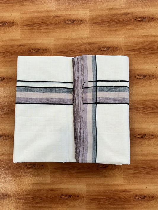 Double Off White (Unbleached) Mundu/Dhoti - 25% Discount!! KaithariKada Handloom Unakkupaav - Kerala Handloom - 100% Pure Cotton - 100x80 - 1.5 inch Black, Cream & Brownish Pink Shaded Kara 4 meter (8.5 muzham) - 17 KK5436 REA