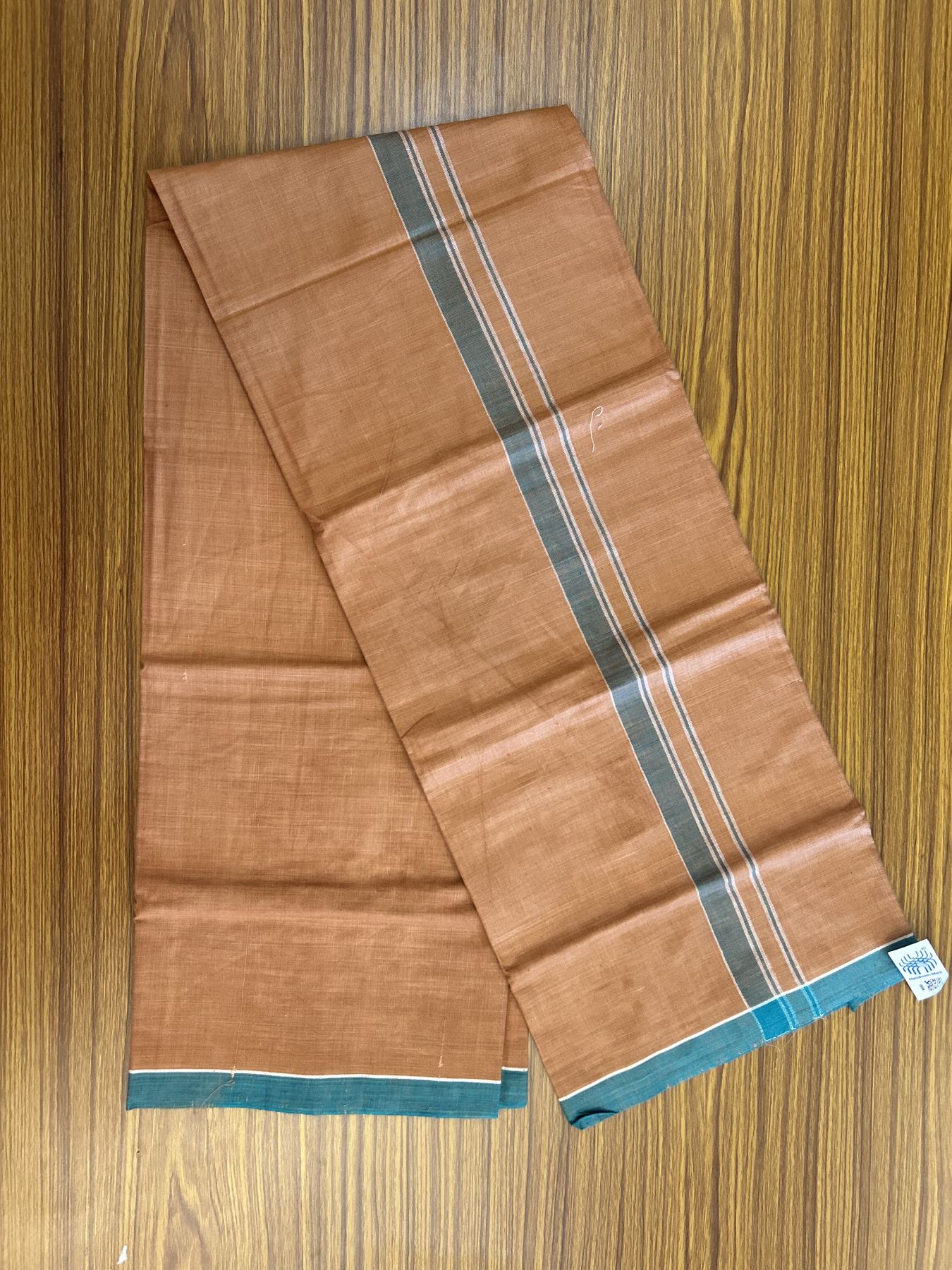Kerala Handloom - Signature Kaitharikada - Government Sealed Hallmarked - 100% Pure Cotton 2/40x26s Thread - Single Mundu / Dhoti - 1 inch Green Striped Kara with Kavi colour Body - 7 KK8046 KAL