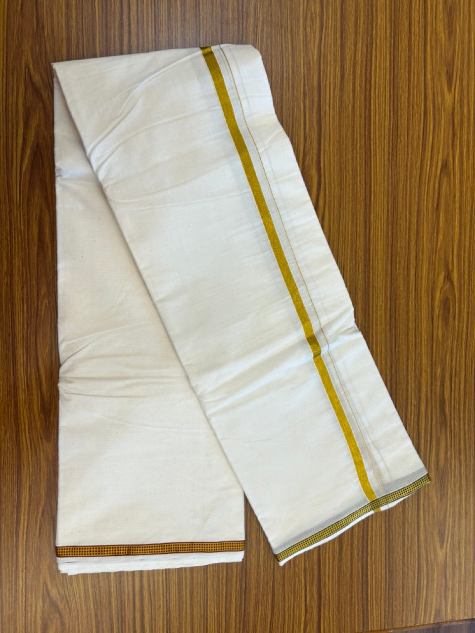 20% Discount! KaithariKada Cotton Mix Off White - (Unbleached) 80X90 thread - North Indian - Attached Gamcha - 10X6 Dhoti -0.25 inch Gold Kasav kara with Maroon & Green Gold Kasav Design border - 15 KK8304 PMC