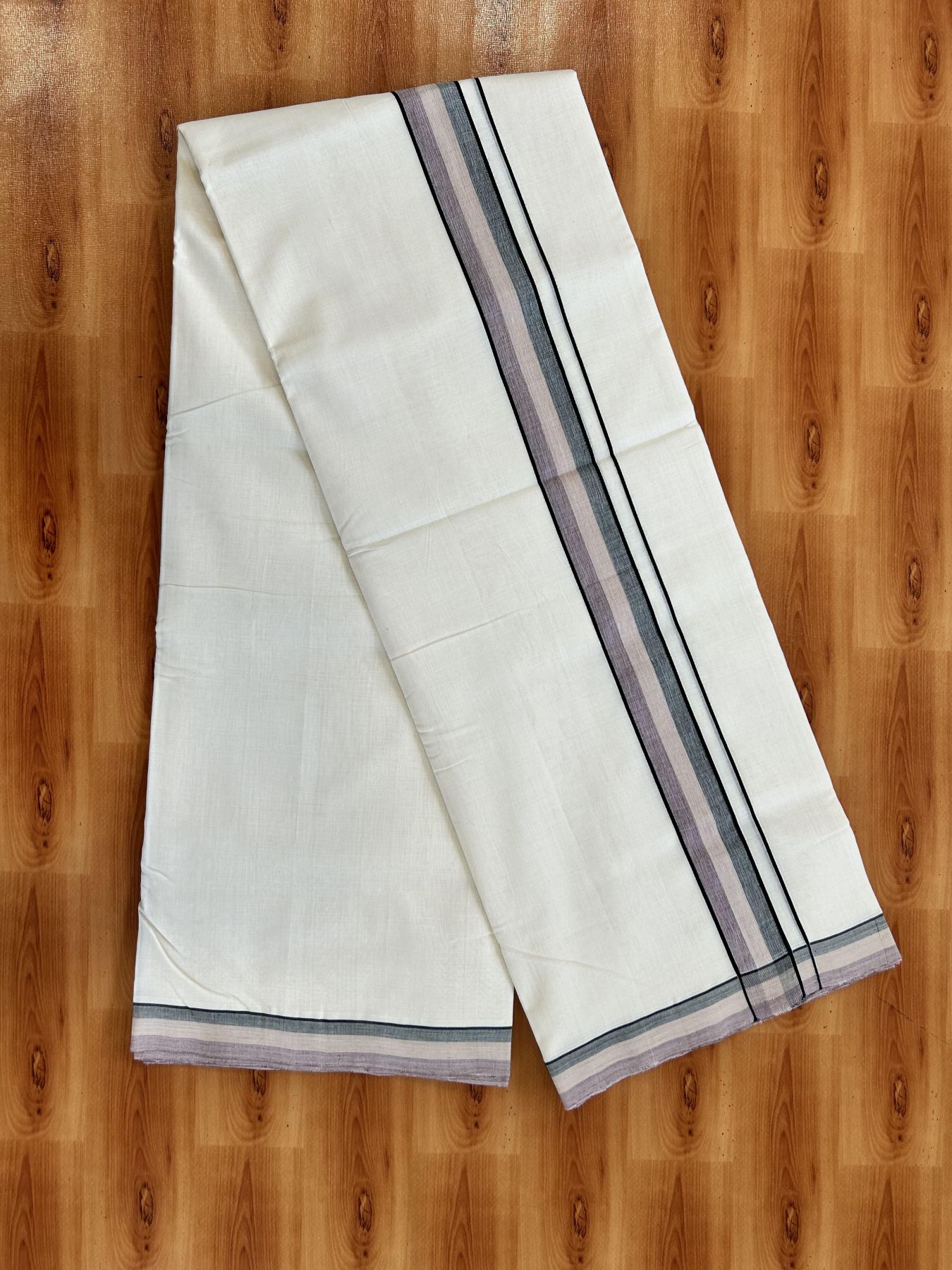 Double Off White (Unbleached) Mundu/Dhoti - 25% Discount!! KaithariKada Handloom Unakkupaav - Kerala Handloom - 100% Pure Cotton - 100x80 - 1.5 inch Black, Cream & Brownish Pink Shaded Kara 4 meter (8.5 muzham) - 17 KK5436 REA