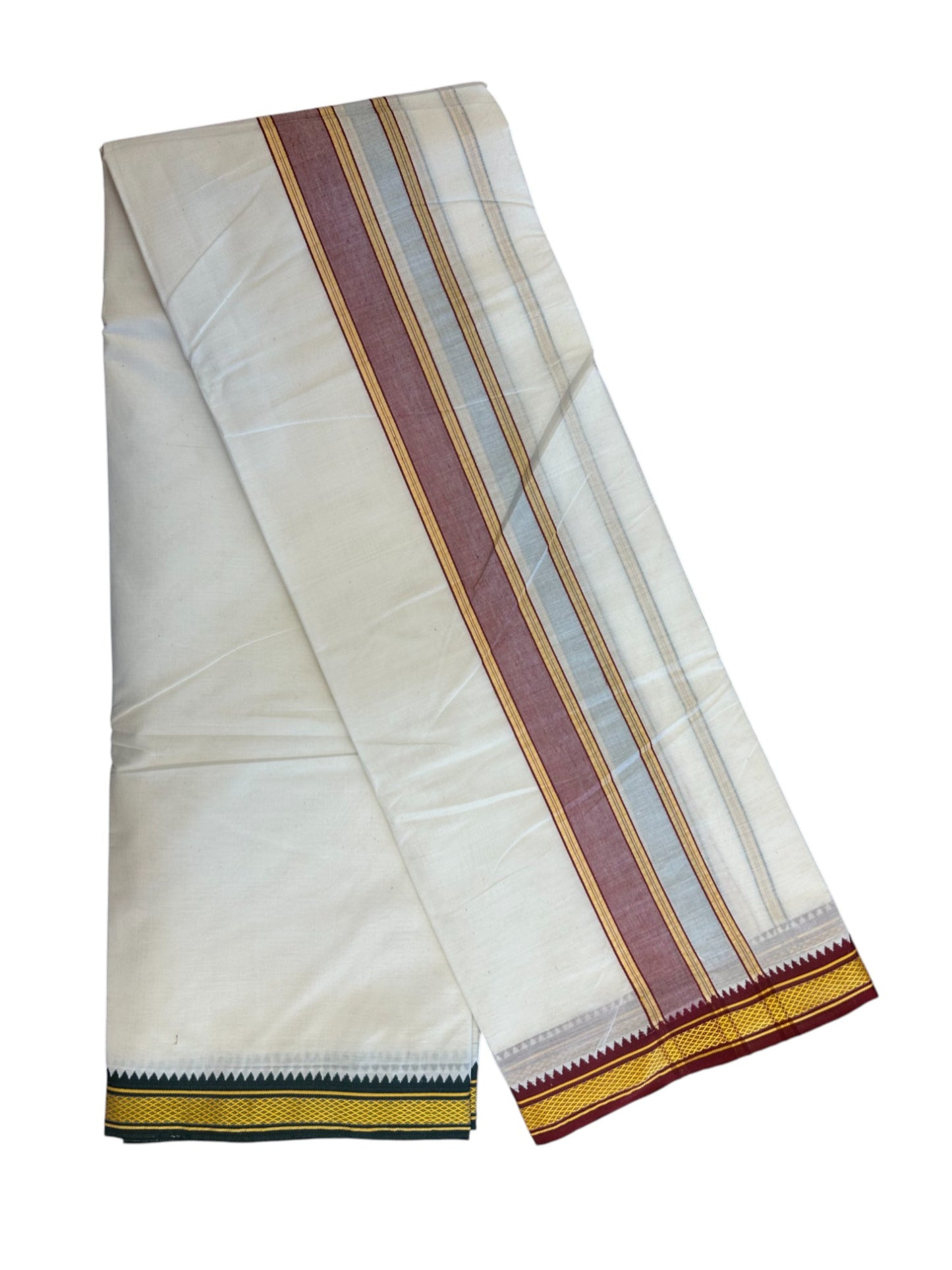 20% DISCOUNT! KaithariKada OFF WHITE (Unbleached) - Cotton Mix -80x90 thread - 80 % Cotton & 20% Polyester- NORTH INDIAN - ATTACHED GAMCHA 9X5 Dhoti - 2 inch Green & Maroon kara with Yellow border  - 104KK5227 PMC