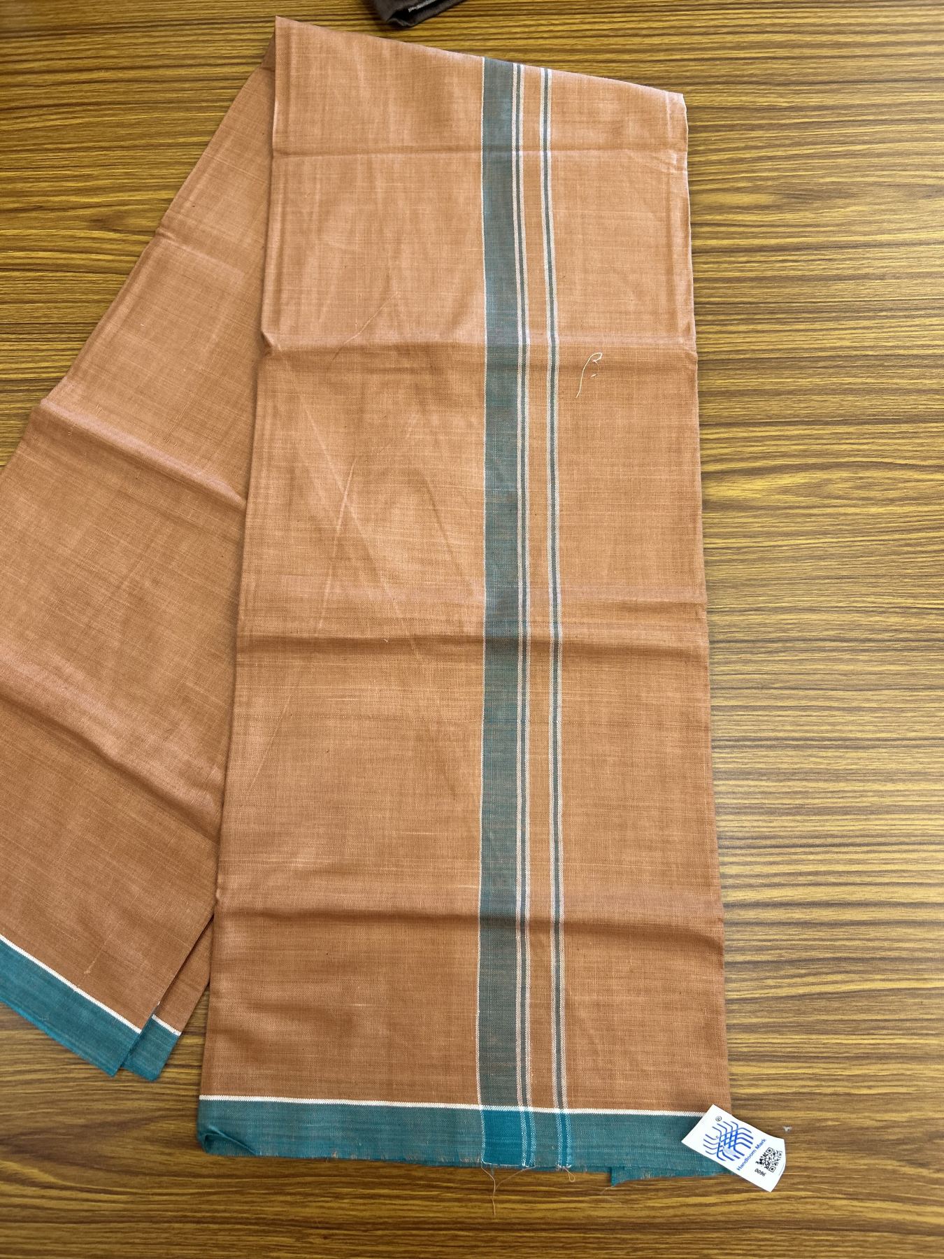 Kerala Handloom - Signature Kaitharikada - Government Sealed Hallmarked - 100% Pure Cotton 2/40x26s Thread - Single Mundu / Dhoti - 1 inch Green Striped Kara with Kavi colour Body - 7 KK8046 KAL