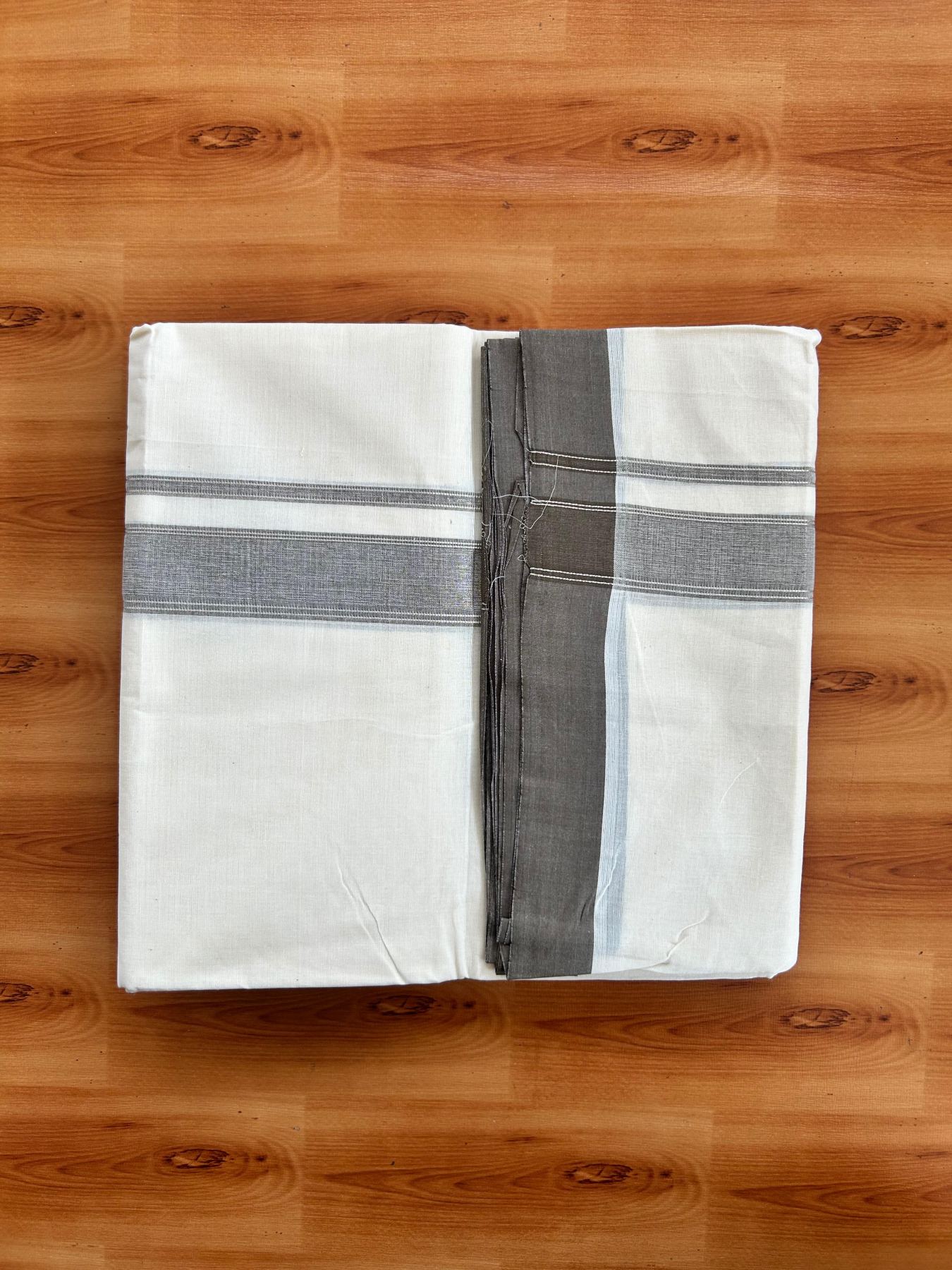 Double Off White (Unbleached) Mundu/Dhoti - 20% Discount! Kaitharikada Pure Cotton - 80x80 - 1.25 Inch Dark Brown & Silver shaded Kara 4 mtr (8.5 muzham) - 15 KK5497 MRH