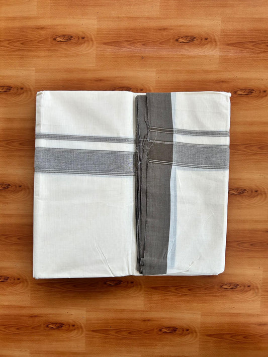 Double Off White (Unbleached) Mundu/Dhoti - 20% Discount! Kaitharikada Pure Cotton - 80x80 - 1.25 Inch Dark Brown & Silver shaded Kara 4 mtr (8.5 muzham) - 15 KK5497 MRH