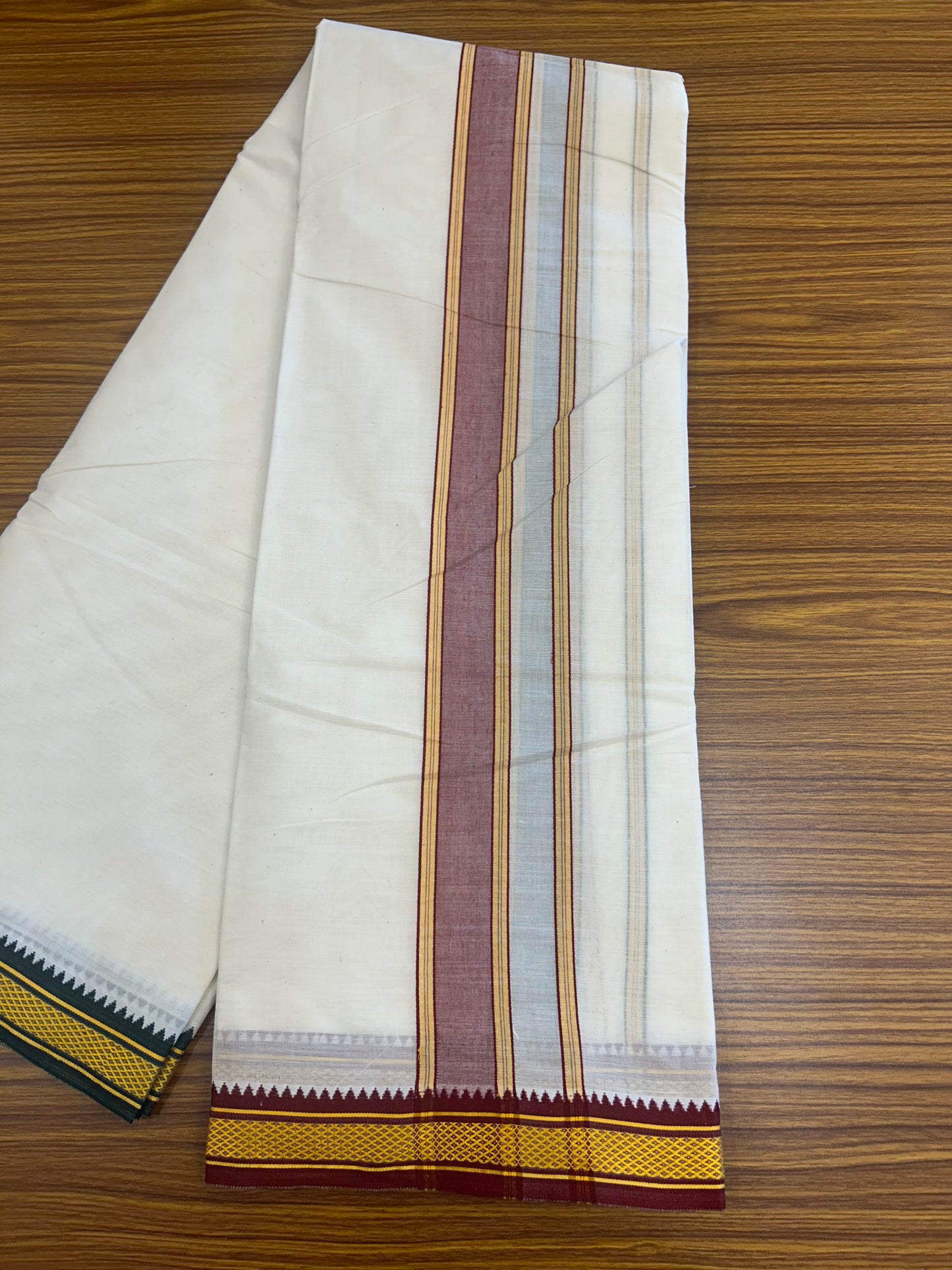 20% DISCOUNT! KaithariKada OFF WHITE (Unbleached) - Cotton Mix -80x90 thread - 80 % Cotton & 20% Polyester- NORTH INDIAN - ATTACHED GAMCHA 9X5 Dhoti - 2 inch Green & Maroon kara with Yellow border  - 104KK5227 PMC