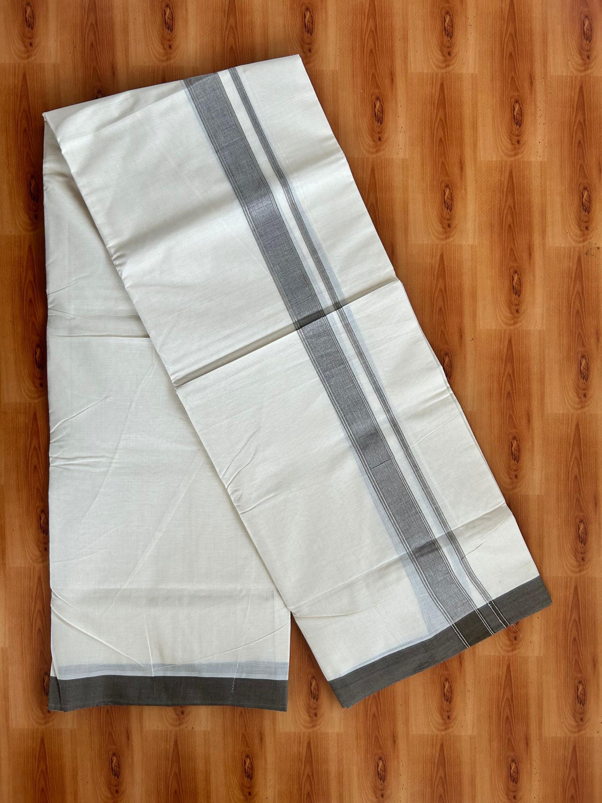 Double Off White (Unbleached) Mundu/Dhoti - 20% Discount! Kaitharikada Pure Cotton - 80x80 - 1.25 Inch Dark Brown & Silver shaded Kara 4 mtr (8.5 muzham) - 15 KK5497 MRH