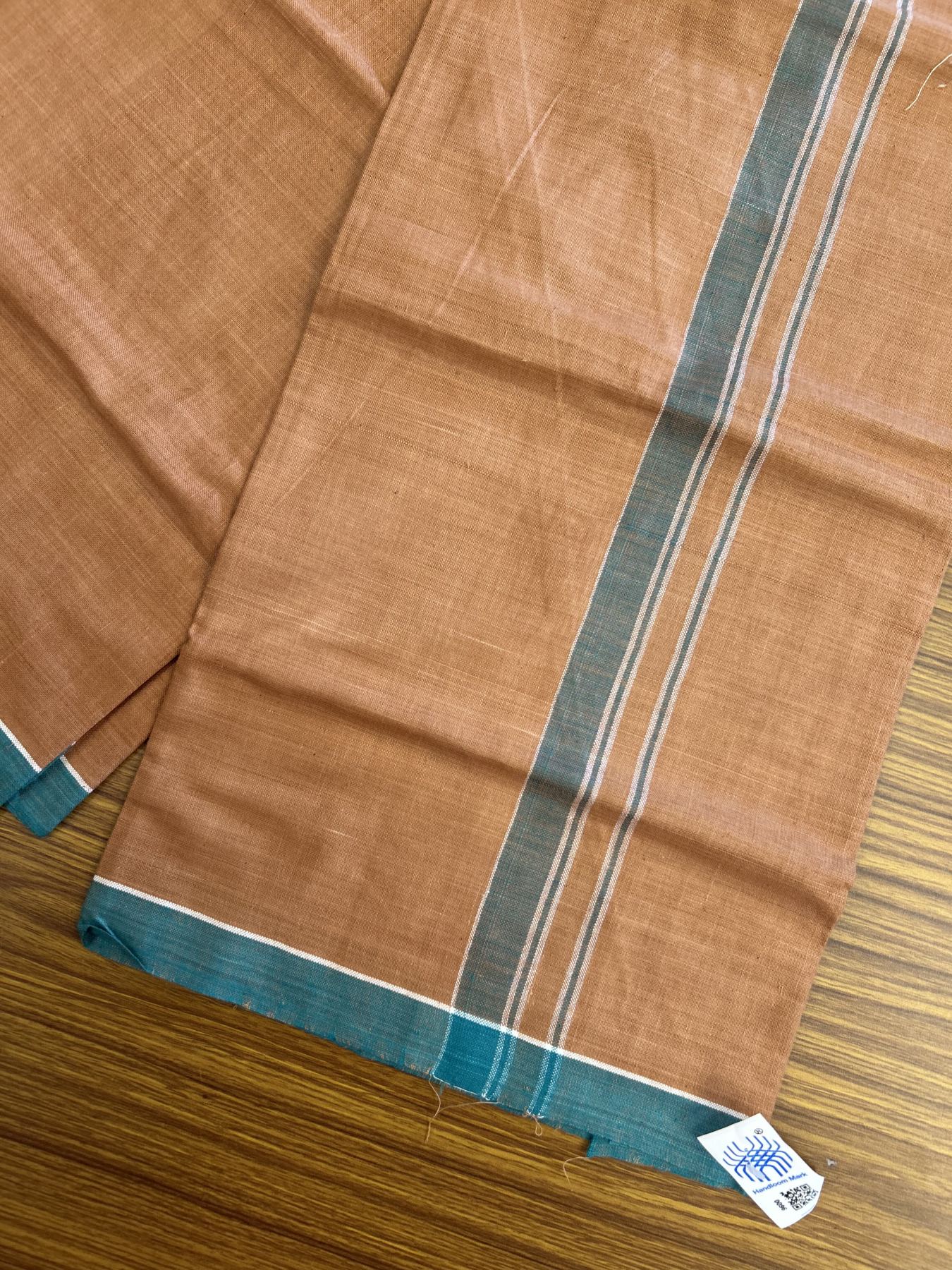 Kerala Handloom - Signature Kaitharikada - Government Sealed Hallmarked - 100% Pure Cotton 2/40x26s Thread - Single Mundu / Dhoti - 1 inch Green Striped Kara with Kavi colour Body - 7 KK8046 KAL