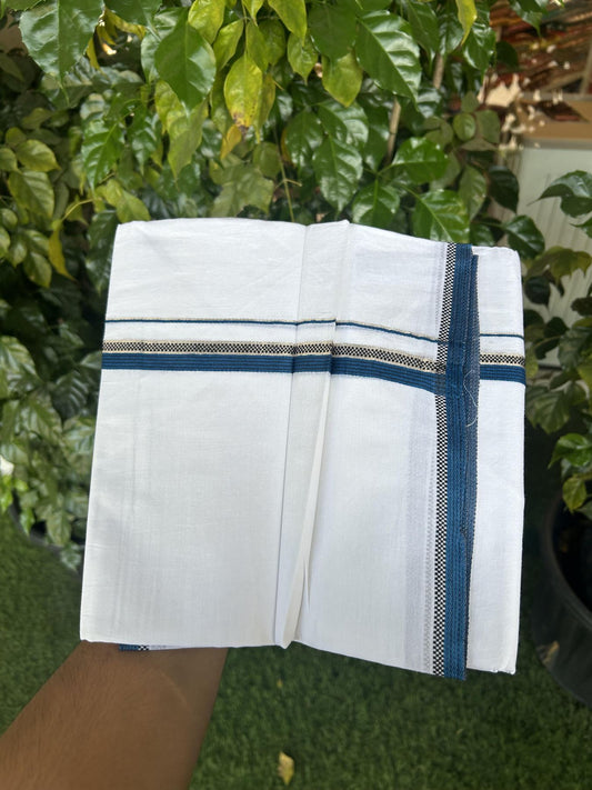 20% Discount!! Kaitharikada Balaramapuram 100% Pure Cotton Pure White Double Mundu/Dothi - 100x80 - 1.5 cm Silver Kasav Black & Blue Design Striped Kara - 3.90 m (8 muzham) - 48 KK5356 VAS