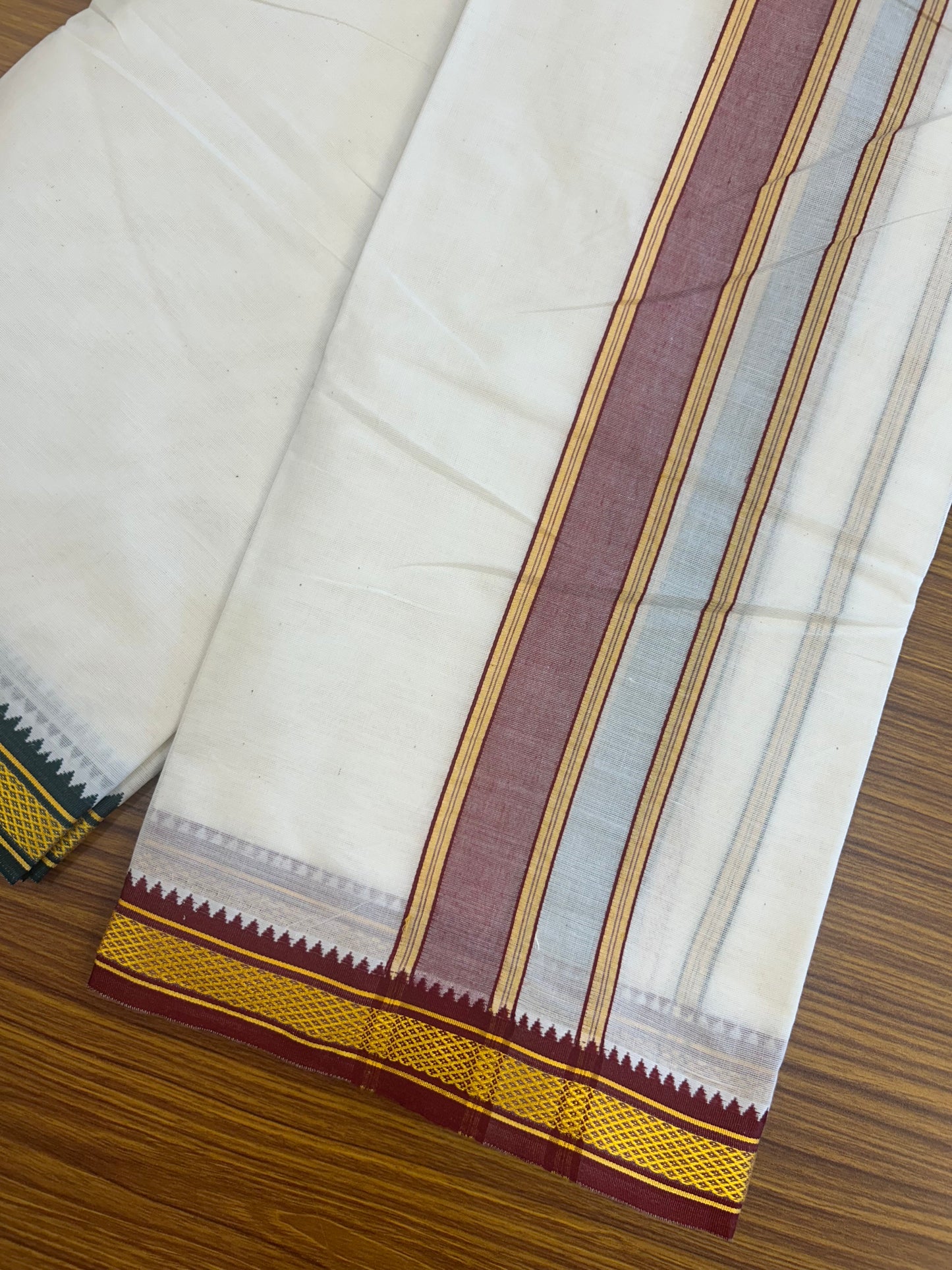 20% DISCOUNT! KaithariKada OFF WHITE (Unbleached) - Cotton Mix -80x90 thread - 80 % Cotton & 20% Polyester- NORTH INDIAN - ATTACHED GAMCHA 9X5 Dhoti - 2 inch Green & Maroon kara with Yellow border  - 104KK5227 PMC