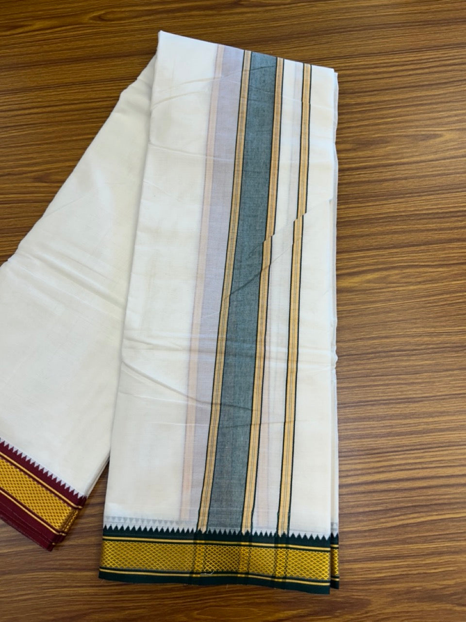20% Discount! KaithariKada Cotton Mix Off White - (Unbleached) 80X90 thread - North Indian- Attached Gamcha - 10X6 Dhoti - 2 inch Green Gold Kasav kara with Maroon & Green Gold Kasav Design border - 13 KK8304 PMC