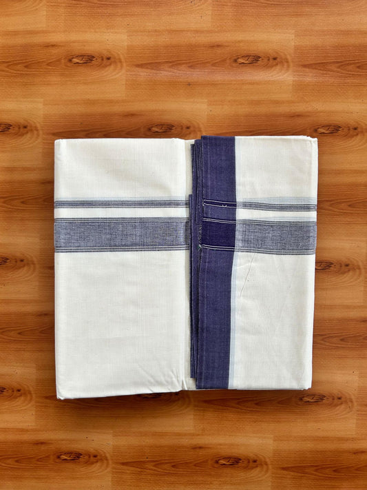 Double Off White (Unbleached) Mundu/Dhoti - 20% Discount! Kaitharikada Pure Cotton - 80x80 - 1.25 Inch Indigo & Silver shaded Kara 4 mtr (8.5 muzham) - 16 KK5497 MRH