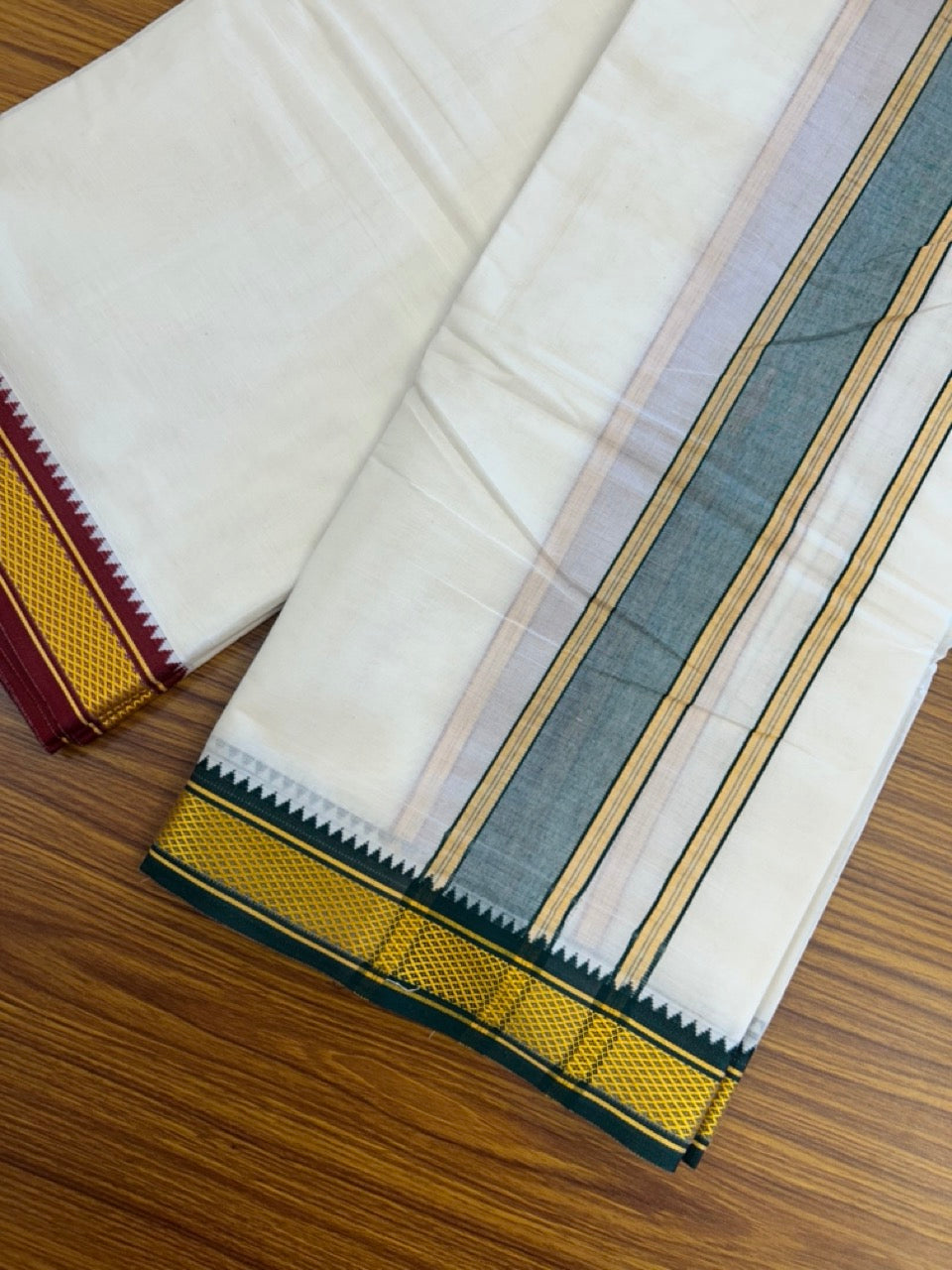 20% Discount! KaithariKada Cotton Mix Off White - (Unbleached) 80X90 thread - North Indian- Attached Gamcha - 10X6 Dhoti - 2 inch Green Gold Kasav kara with Maroon & Green Gold Kasav Design border - 13 KK8304 PMC