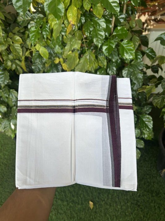 20% Discount!! Kaitharikada Balaramapuram 100% Pure Cotton Pure White Double Mundu/Dothi - 100x80 - 1.5 cm Silver Kasav Black & Dark Wine Purple Striped Kara - 3.90 m (8 muzham) - 45 KK5356 VAS