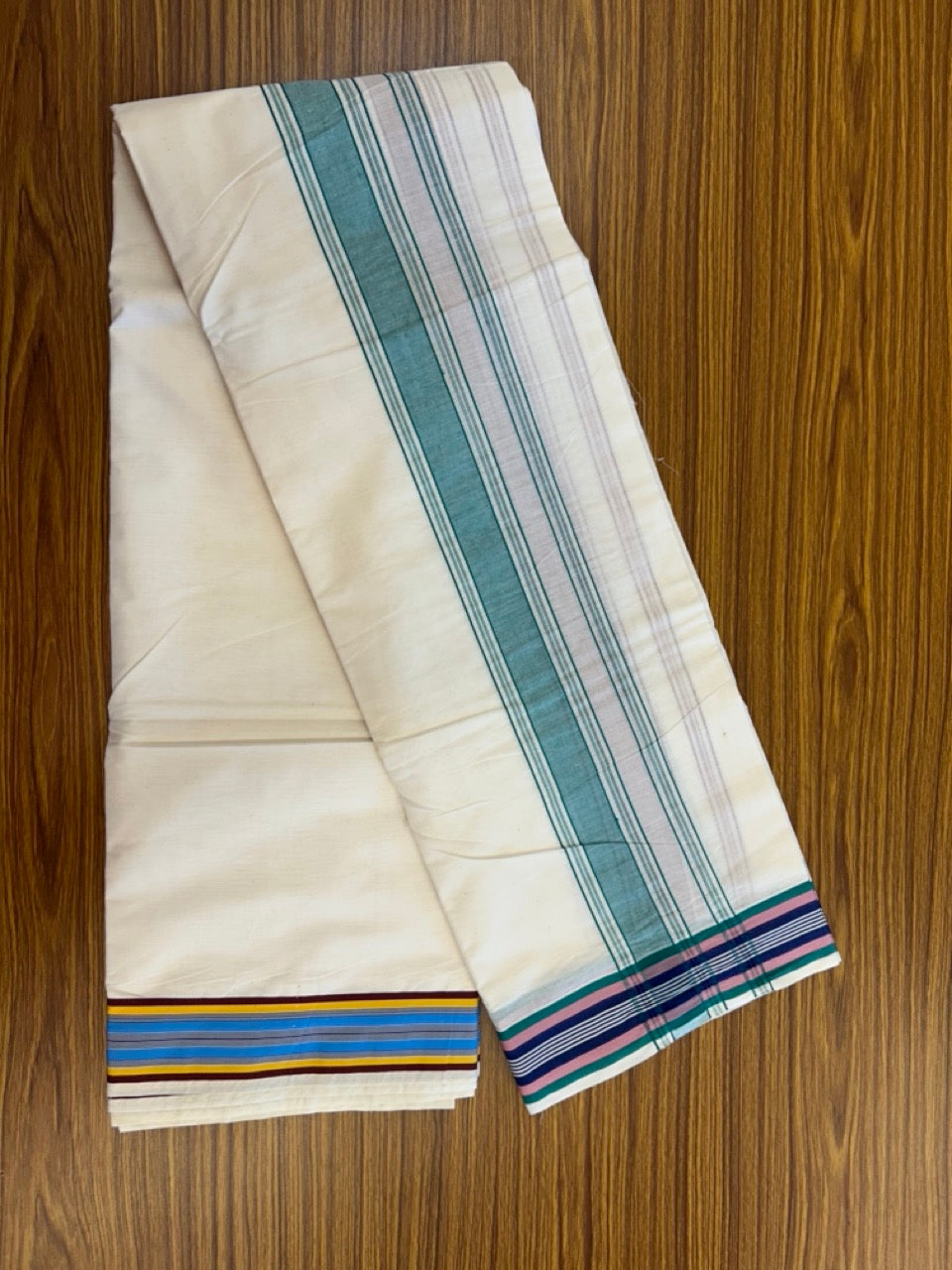 20% Discount! Kaitharikada Mixed Cotton Off White (Unbleached) - 80x90 - North Indian Attached Gamcha - 10x6 - Dhoti Green kara with Violet ,Blue, yellow, Red & Light Blue Striped border - 23 KK8304 PMC