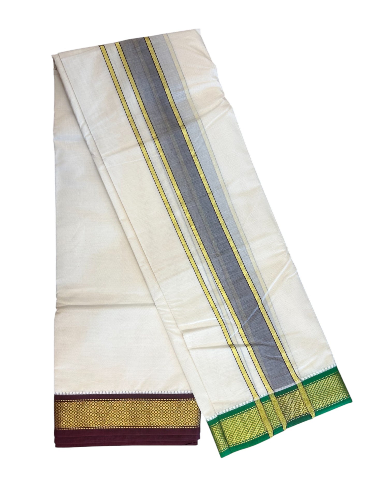 20% DISCOUNT! KaithariKada 100% Cotton OFF WHITE - (Unbleached) 100x80 thread - NORTH INDIAN- ATTACHED GAMCHA 9x5 Dhoti - 2.25 inch Brown kara with Dark Maroon & Parrot Green Kasavu border - 106KK5227 PMC