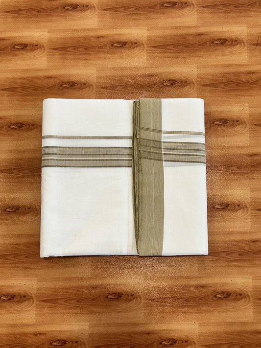 Double Off White (Unbleached) Mundu/Dhoti - 25% Discount!! KaithariKada Handloom Unakkupaav - Kerala Handloom - 100% Pure Cotton - 100x80 - 1.25 inch Walnut Brown & Cream Shaded Kara 4 meter (8.5 muzham) - 18 KK5436 REA