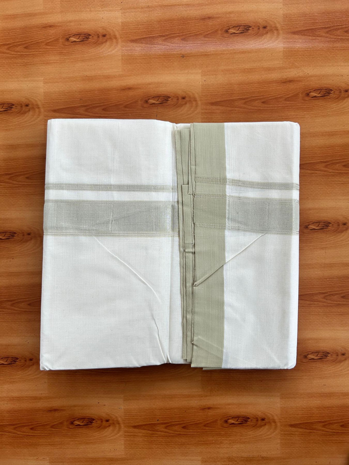 Double Off White (Unbleached) Mundu/Dhoti - 20% Discount! Kaitharikada Pure Cotton - 80x80 - 1.25 Inch Sage pista & Silver shaded Kara 4 mtr (8.5 muzham) - 17 KK5497 MRH