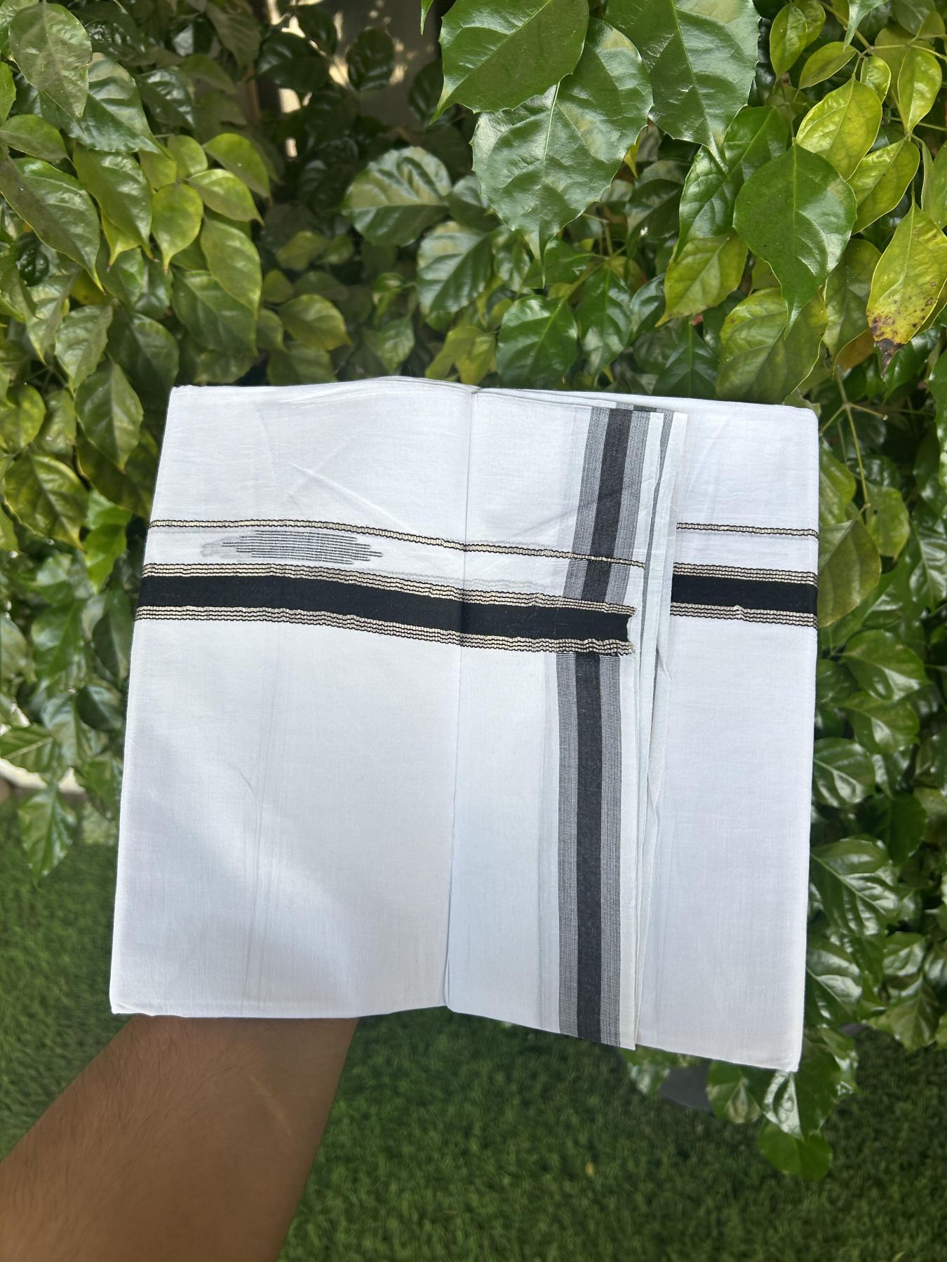 20% Discount ! Kaitharikada Balaramapuram 100% Cotton Pure White Double Mundu/Dothi - 100x80 - 1.5 inch Black & Silver Kasav Striped Design Kara 3.90 mtr (8 muzham) - 83 KK5356 VAS