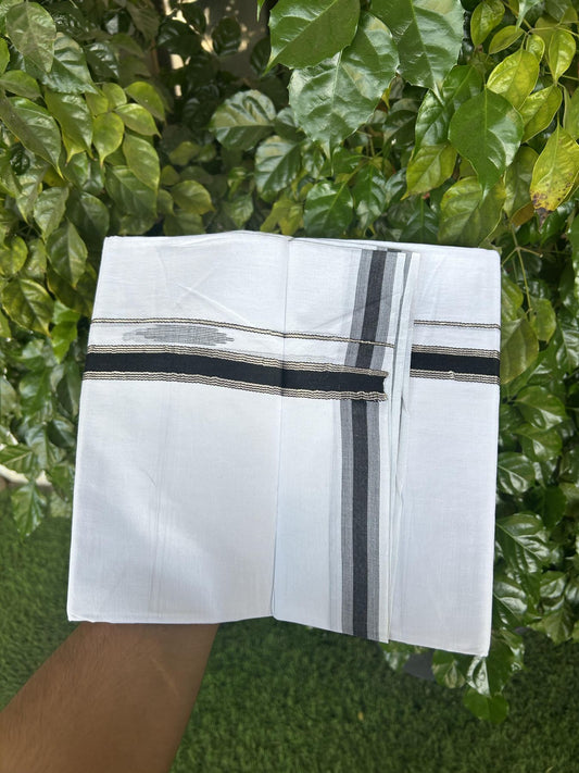 20% Discount ! Kaitharikada Balaramapuram 100% Cotton Pure White Double Mundu/Dothi - 100x80 - 1.5 inch Black & Silver Kasav Striped Design Kara 3.90 mtr (8 muzham) - 83 KK5356 VAS