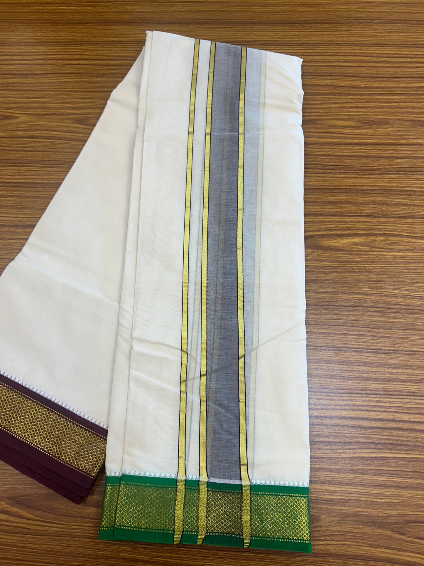 20% DISCOUNT! KaithariKada 100% Cotton OFF WHITE - (Unbleached) 100x80 thread - NORTH INDIAN- ATTACHED GAMCHA 9x5 Dhoti - 2.25 inch Brown kara with Dark Maroon & Parrot Green Kasavu border - 106KK5227 PMC