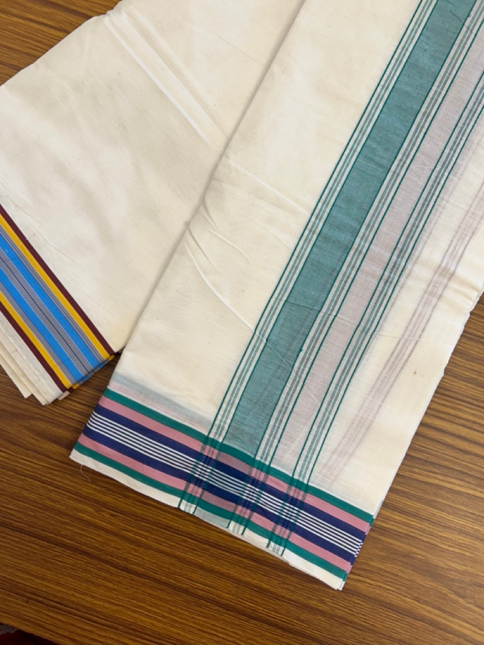 20% Discount! Kaitharikada Mixed Cotton Off White (Unbleached) - 80x90 - North Indian Attached Gamcha - 10x6 - Dhoti Green kara with Violet ,Blue, yellow, Red & Light Blue Striped border - 23 KK8304 PMC
