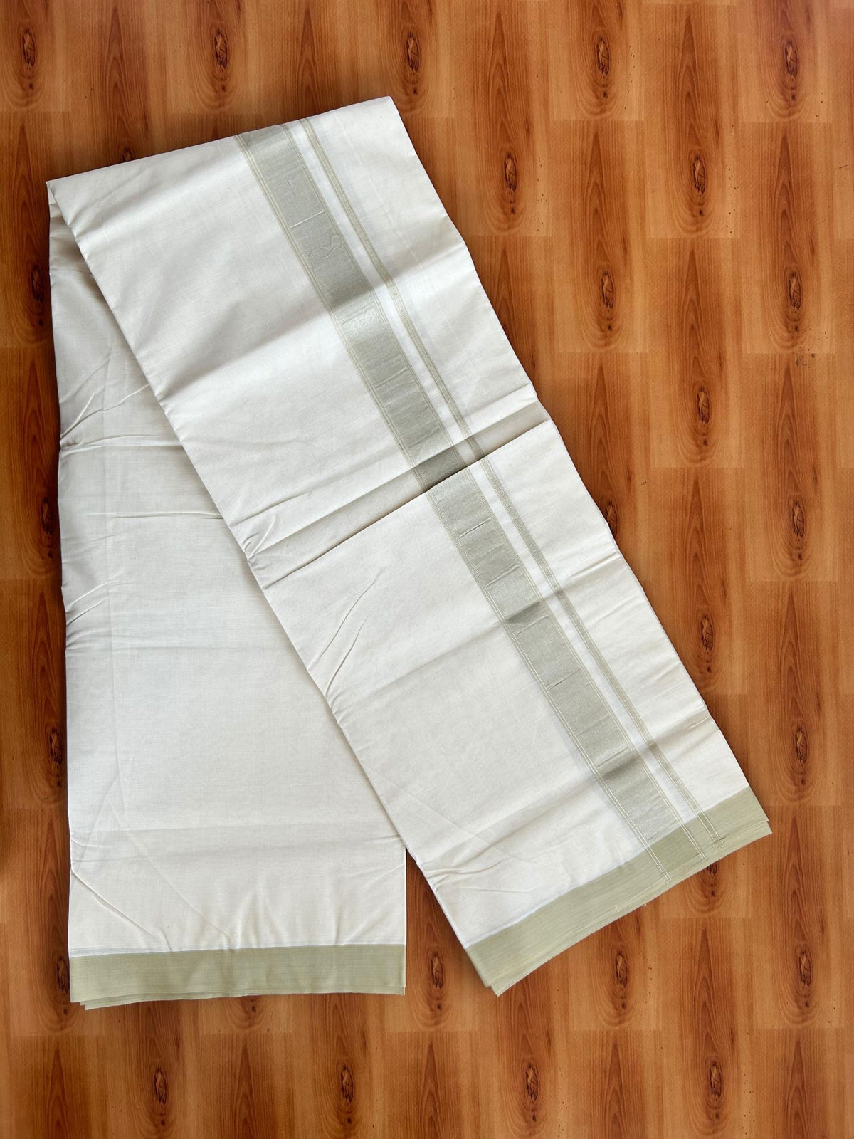 Double Off White (Unbleached) Mundu/Dhoti - 20% Discount! Kaitharikada Pure Cotton - 80x80 - 1.25 Inch Sage pista & Silver shaded Kara 4 mtr (8.5 muzham) - 17 KK5497 MRH