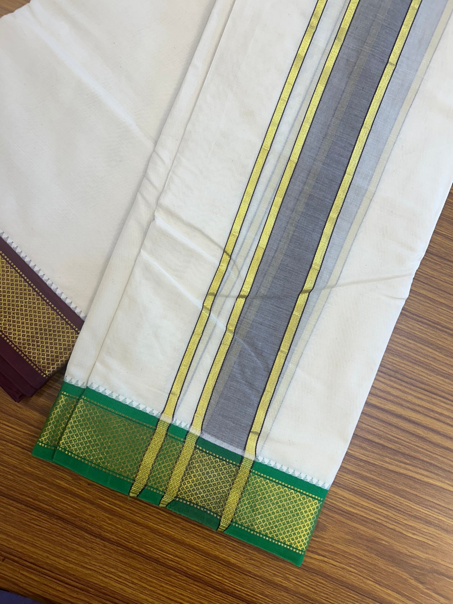 20% DISCOUNT! KaithariKada 100% Cotton OFF WHITE - (Unbleached) 100x80 thread - NORTH INDIAN- ATTACHED GAMCHA 9x5 Dhoti - 2.25 inch Brown kara with Dark Maroon & Parrot Green Kasavu border - 106KK5227 PMC