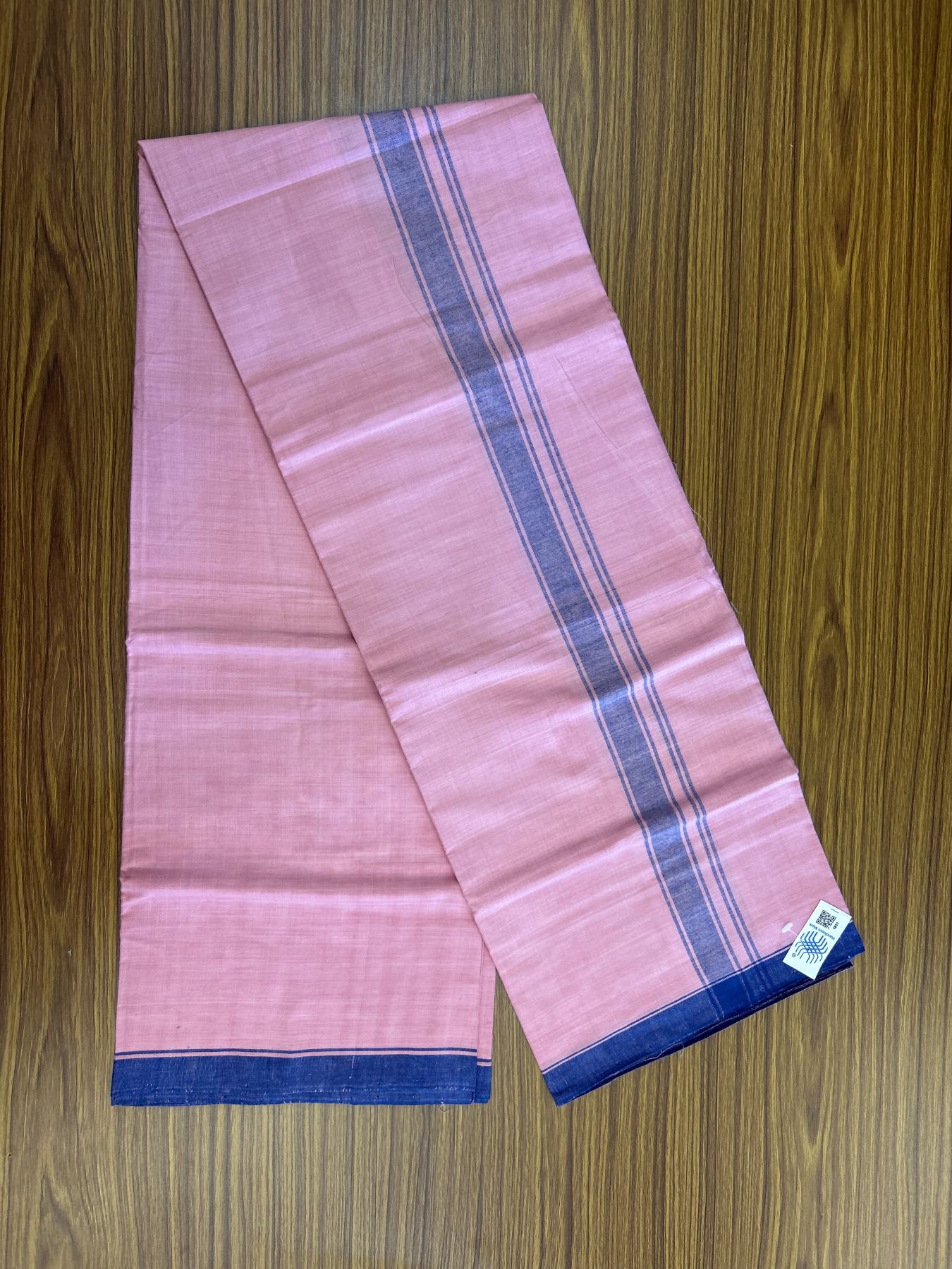 Kerala Handloom - Signature Kaitharikada - Government Sealed Hallmarked - 100% Pure Cotton 2/60x40s Thread - Single Mundu / Dhoti - 1.25 inch Blue Shaded Striped Kara with Rose Pink colour Body - 13 KK8046 KAL