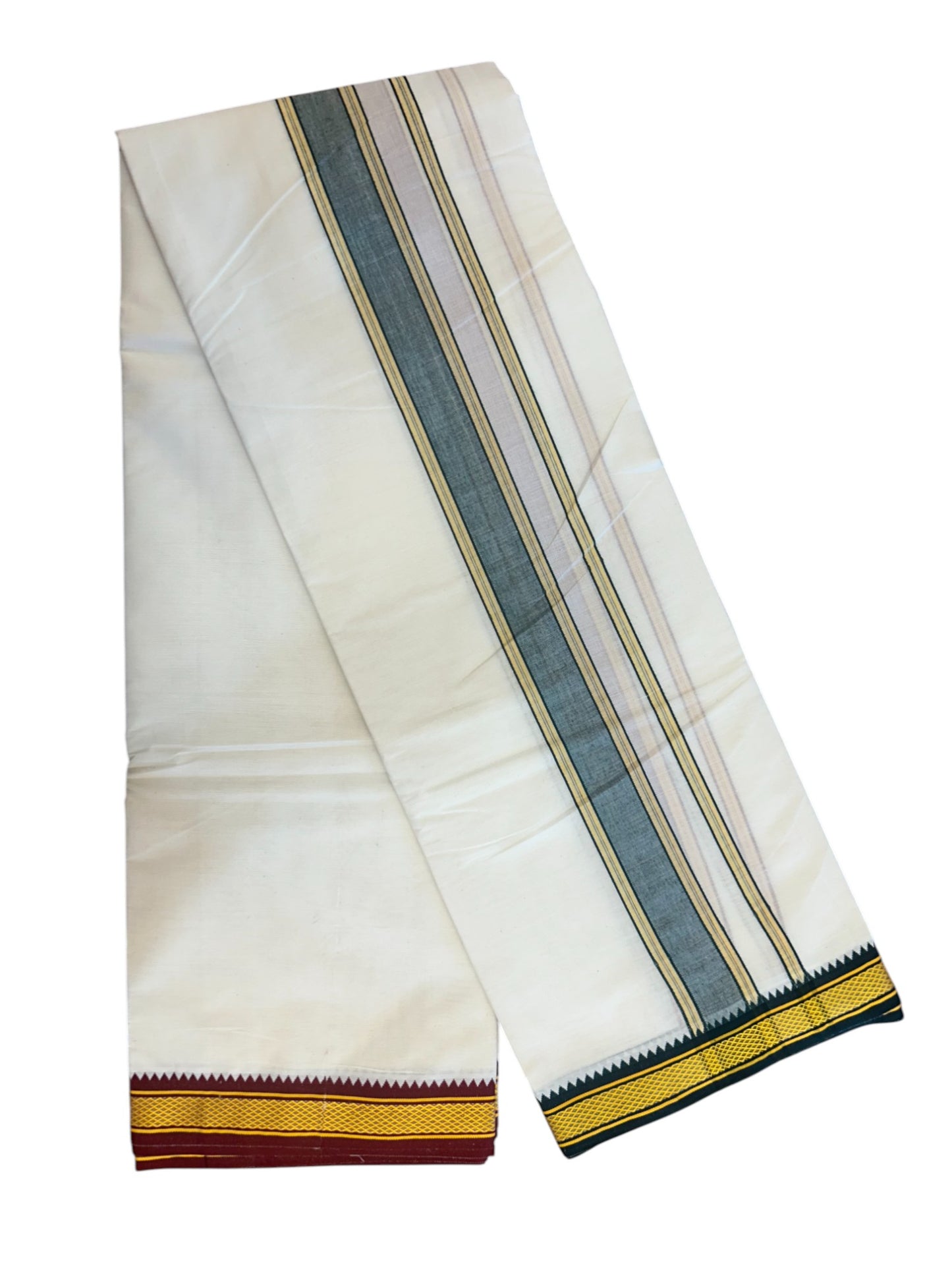 20% DISCOUNT! KaithariKada OFF WHITE (Unbleached) - Cotton Mix -80x90 thread - 80 % Cotton & 20% Polyester- NORTH INDIAN - ATTACHED GAMCHA 9X5 Dhoti - 2 inch Green & Maroon kara with Yellow border  - 104KK5227 PMC