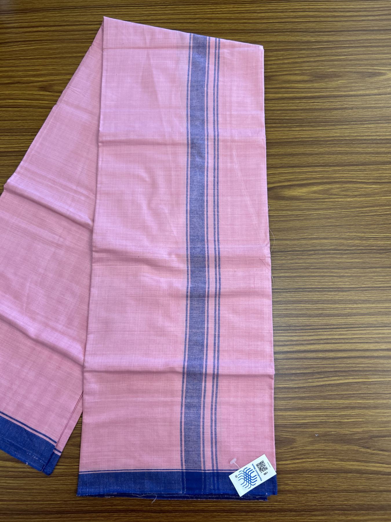Kerala Handloom - Signature Kaitharikada - Government Sealed Hallmarked - 100% Pure Cotton 2/60x40s Thread - Single Mundu / Dhoti - 1.25 inch Blue Shaded Striped Kara with Rose Pink colour Body - 13 KK8046 KAL