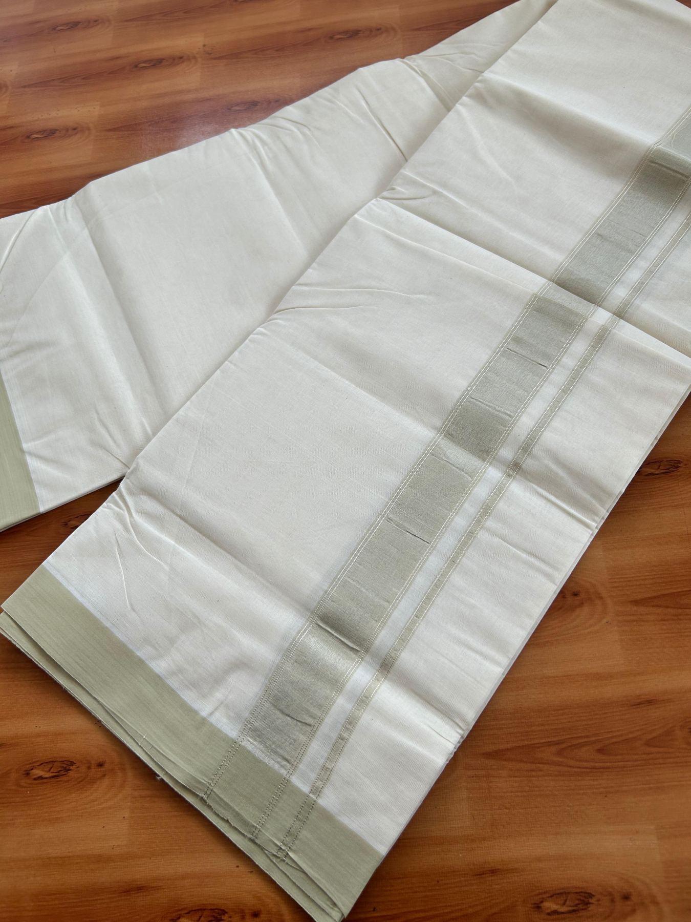 Double Off White (Unbleached) Mundu/Dhoti - 20% Discount! Kaitharikada Pure Cotton - 80x80 - 1.25 Inch Sage pista & Silver shaded Kara 4 mtr (8.5 muzham) - 17 KK5497 MRH