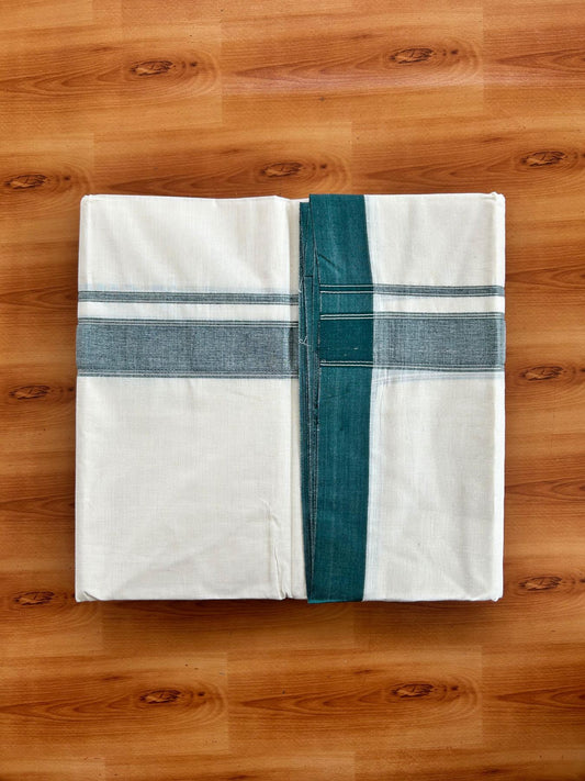 Double Off White (Unbleached) Mundu/Dhoti - 20% Discount! Kaitharikada Pure Cotton - 80x80 - 1.25 Inch Dark Green & Silver shaded Kara 4 mtr (8.5 muzham) - 18 KK5497 MRH