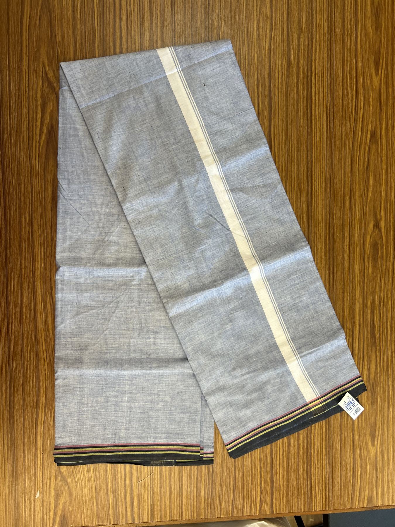 Kerala Handloom - Signature Kaitharikada - Government Sealed Hallmarked - 100% Pure Cotton 2/60x40s Thread - Single Mundu / Dhoti - 1 inch White Striped Kara with Blue colour Body - 8 KK8046 KAL