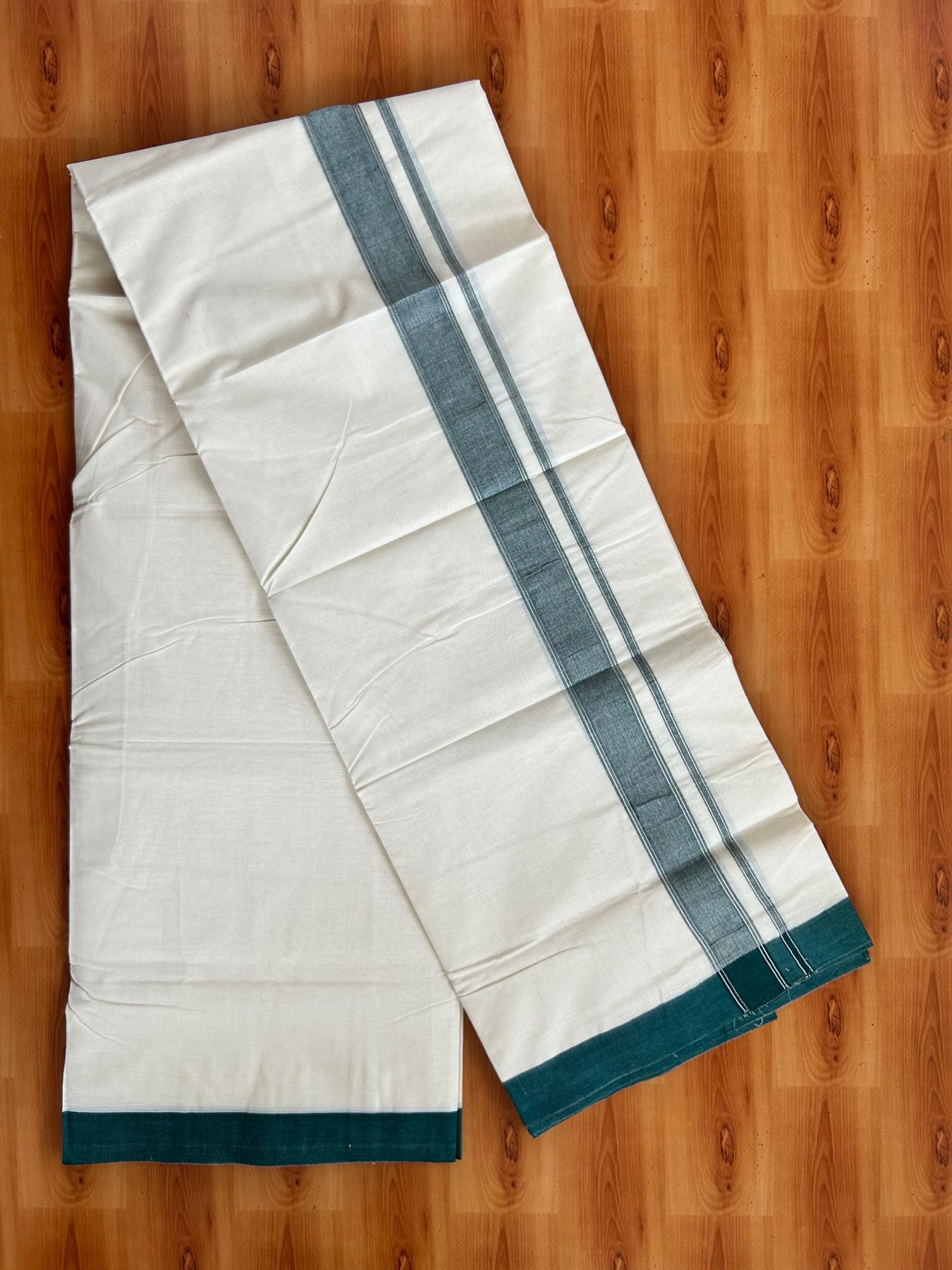 Double Off White (Unbleached) Mundu/Dhoti - 20% Discount! Kaitharikada Pure Cotton - 80x80 - 1.25 Inch Dark Green & Silver shaded Kara 4 mtr (8.5 muzham) - 18 KK5497 MRH
