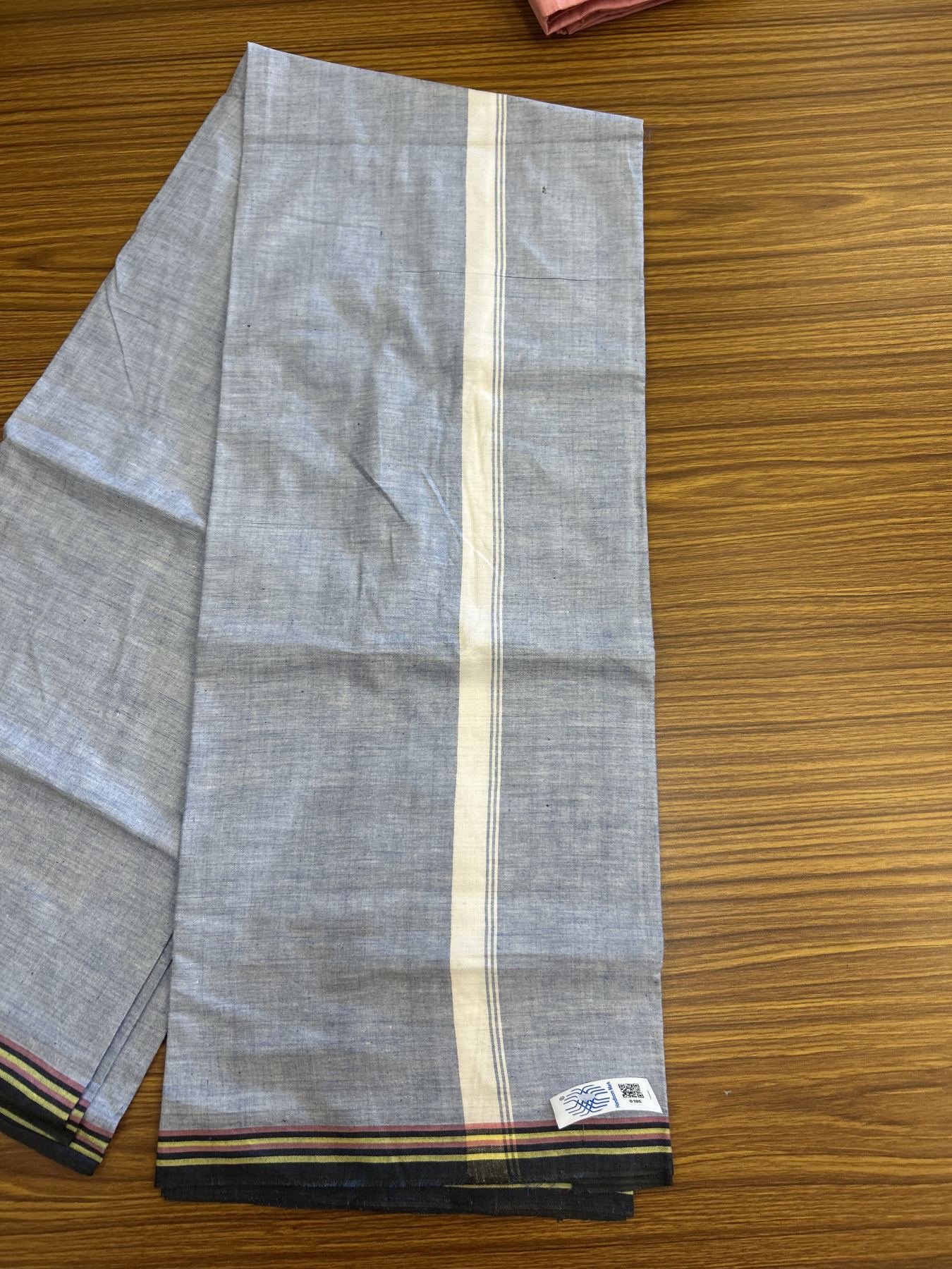 Kerala Handloom - Signature Kaitharikada - Government Sealed Hallmarked - 100% Pure Cotton 2/60x40s Thread - Single Mundu / Dhoti - 1 inch White Striped Kara with Blue colour Body - 8 KK8046 KAL