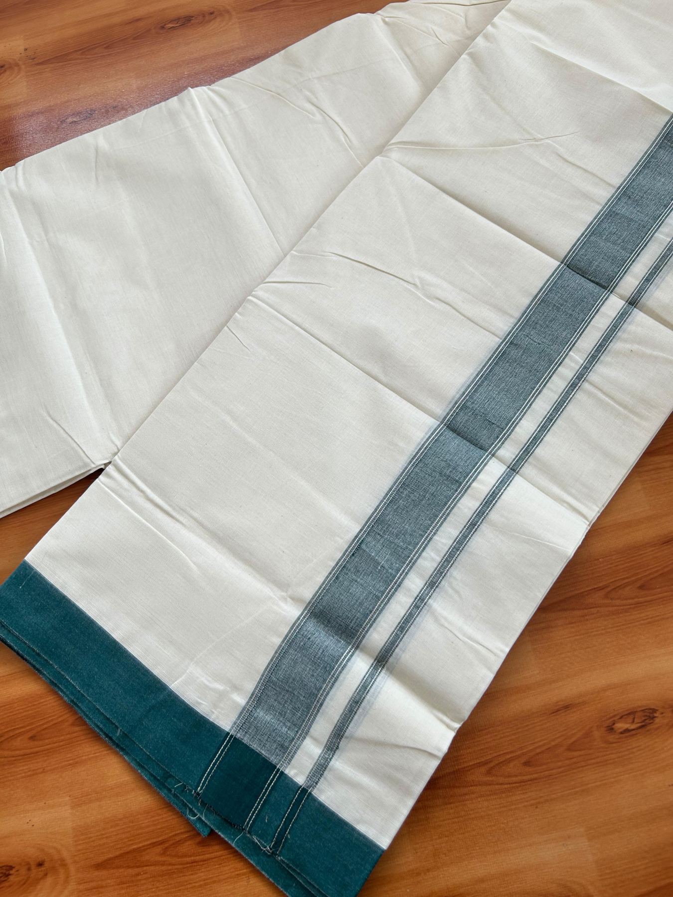 Double Off White (Unbleached) Mundu/Dhoti - 20% Discount! Kaitharikada Pure Cotton - 80x80 - 1.25 Inch Dark Green & Silver shaded Kara 4 mtr (8.5 muzham) - 18 KK5497 MRH