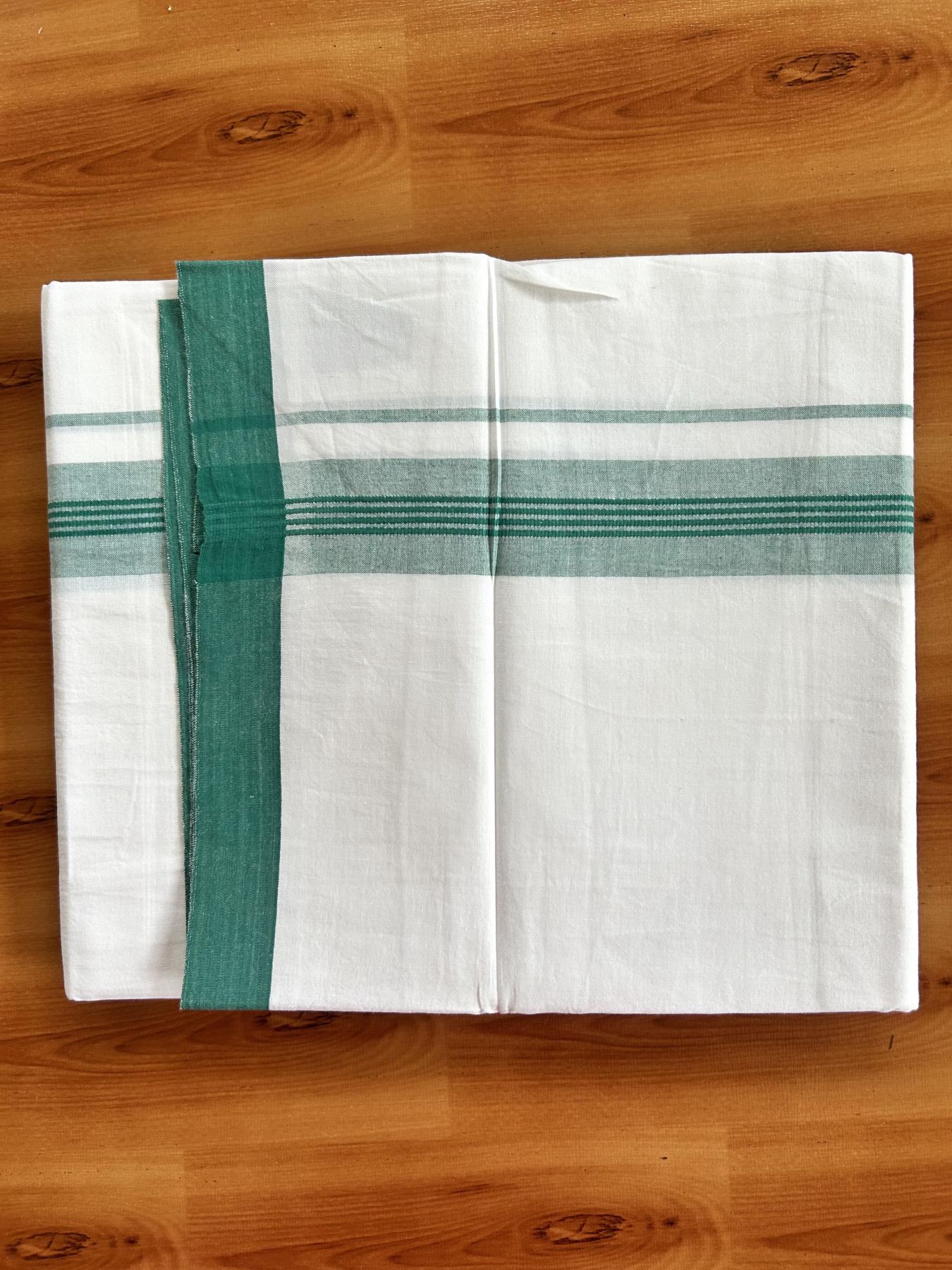 Single Pure White Mundu/Dhoti - KaithariKada Balaramapuram Pure Cotton - 70x30 - 1.25 Inch Light Green Shaded Striped Kara 1.90 mtr (4 muzham) - 28 KK5418 PMC