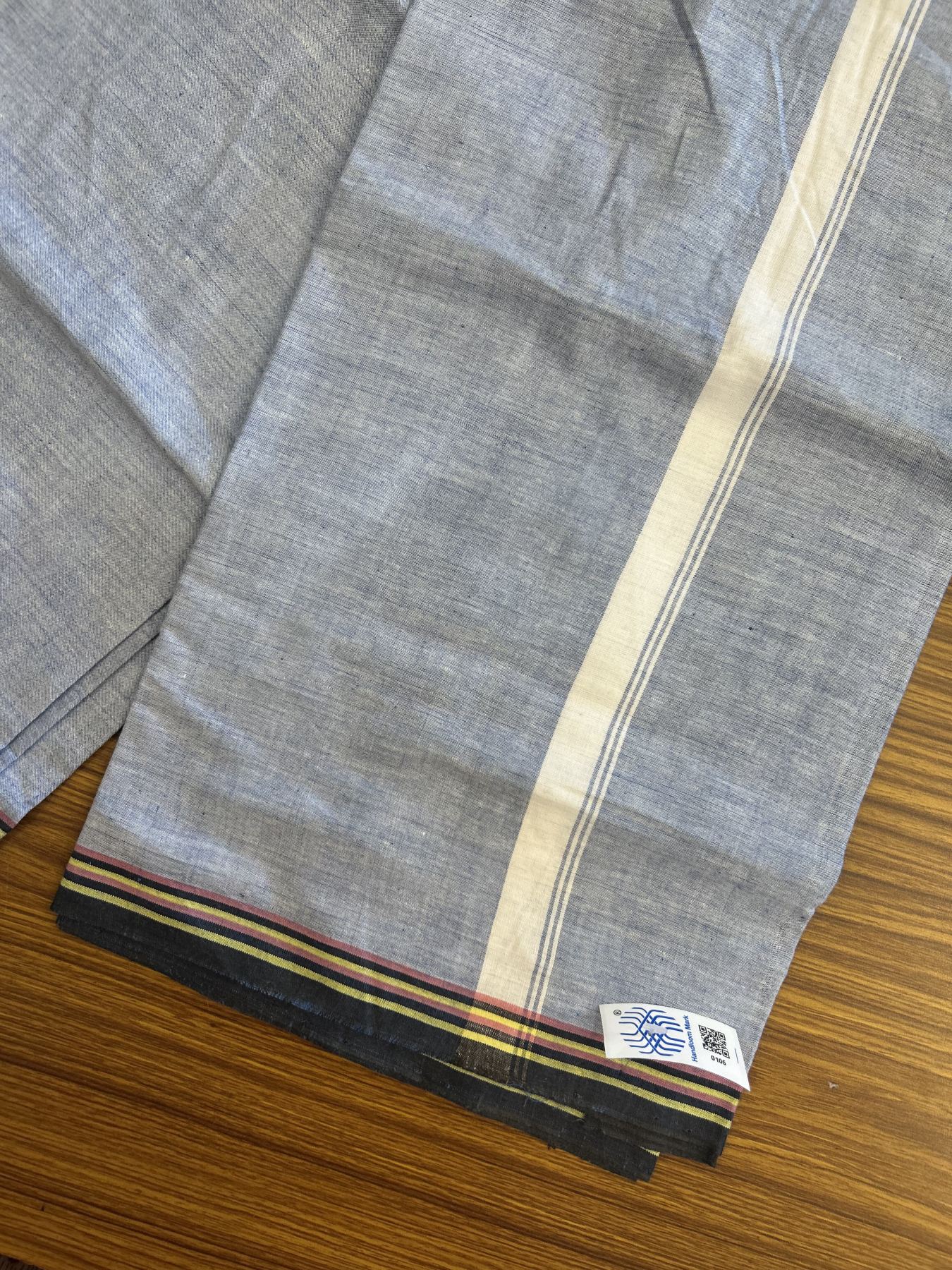 Kerala Handloom - Signature Kaitharikada - Government Sealed Hallmarked - 100% Pure Cotton 2/60x40s Thread - Single Mundu / Dhoti - 1 inch White Striped Kara with Blue colour Body - 8 KK8046 KAL
