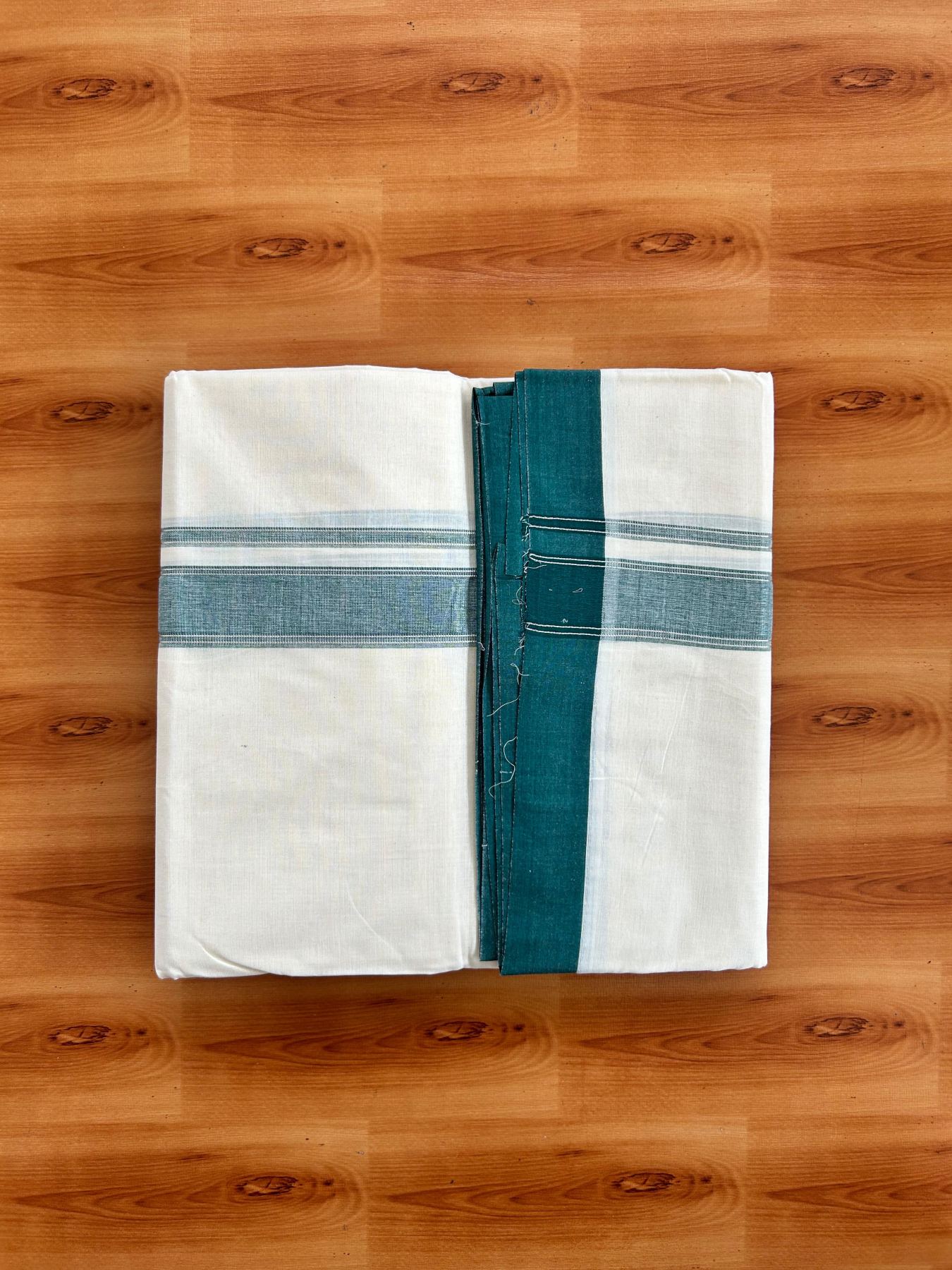 Double Off White (Unbleached) Mundu/Dhoti - 20% Discount! Kaitharikada Pure Cotton - 80x80 - 1.25 Inch Green & Silver shaded Kara 4 mtr (8.5 muzham) - 19 KK5497 MRH