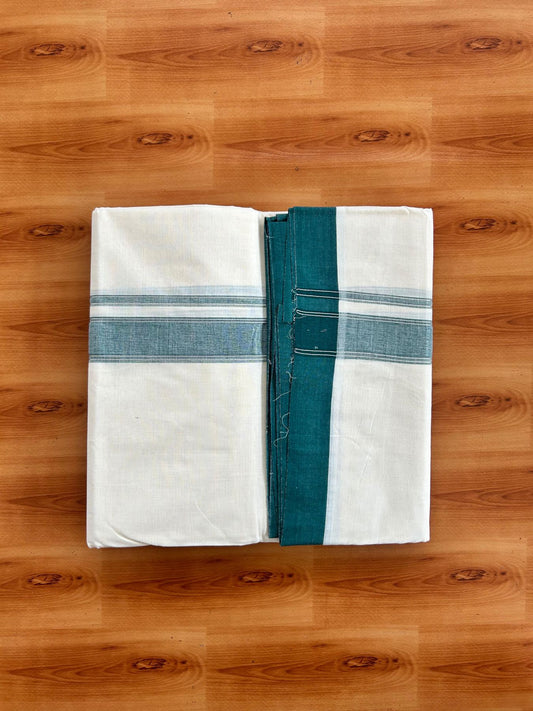 Double Off White (Unbleached) Mundu/Dhoti - 20% Discount! Kaitharikada Pure Cotton - 80x80 - 1.25 Inch Green & Silver shaded Kara 4 mtr (8.5 muzham) - 19 KK5497 MRH