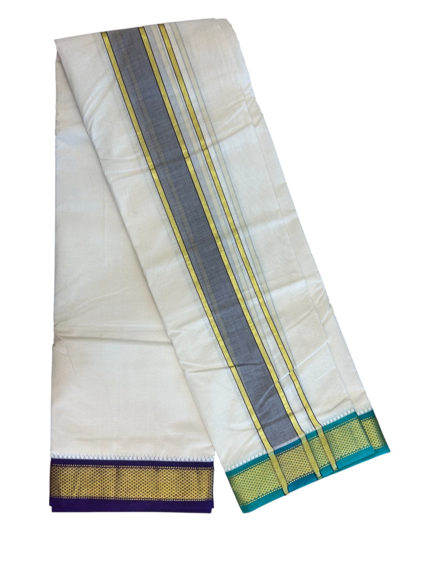 20% DISCOUNT! KaithariKada 100% Cotton OFF WHITE - (Unbleached) 100x80 thread - NORTH INDIAN- ATTACHED GAMCHA 9x5 Dhoti - 2.25 inch Brown kara with Dark Violet & Jade Green Kasavu border - 107KK5227 PMC