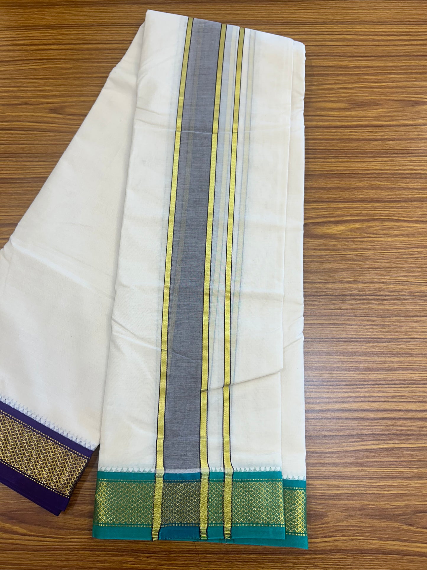 20% DISCOUNT! KaithariKada 100% Cotton OFF WHITE - (Unbleached) 100x80 thread - NORTH INDIAN- ATTACHED GAMCHA 9x5 Dhoti - 2.25 inch Brown kara with Dark Violet & Jade Green Kasavu border - 107KK5227 PMC