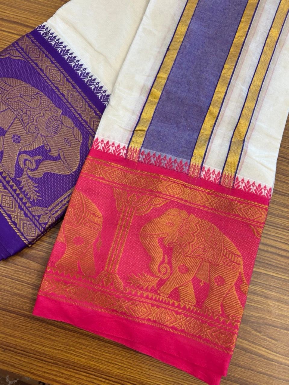 20% Discount! KaithariKada Cotton Mix Off White - (Unbleached) 80X90 thread - North Indian- Attached Gamcha - 10X6 Dhoti 4 inch Violet kara with Rani Pink & Deep Violet Kasav Elephant Design border - 1 KK8304 PMC